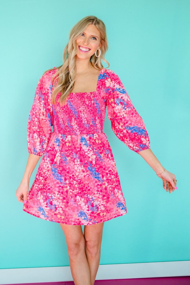 Leah Smocked Mini Dress - Shocking Pink + Bright Blue + Fuchsia