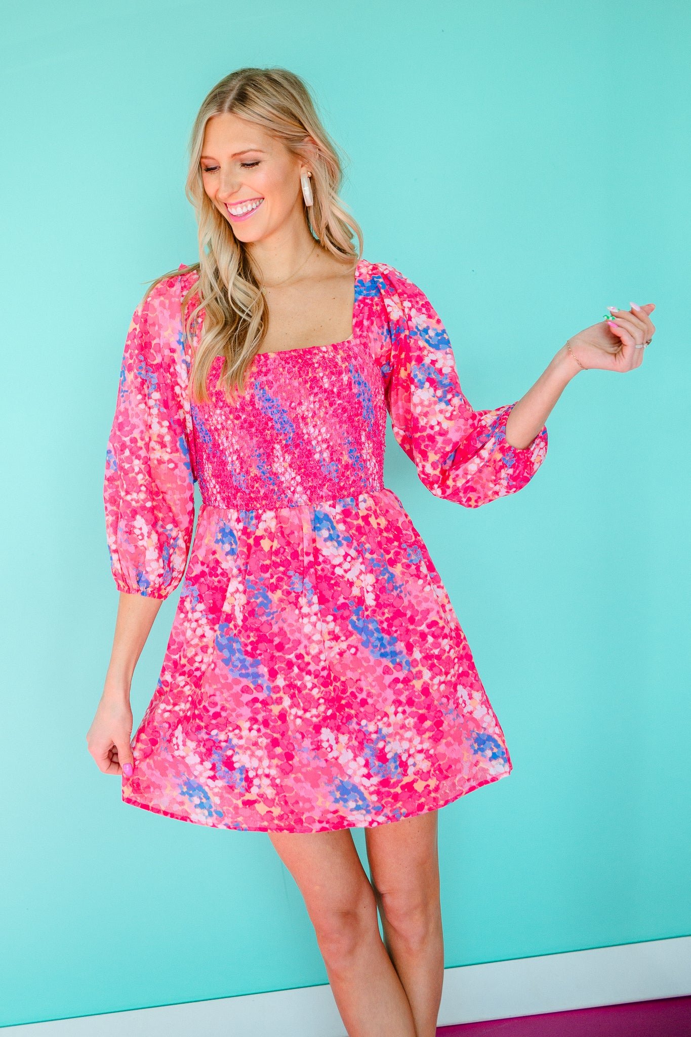 Leah Smocked Mini Dress - Shocking Pink + Bright Blue + Fuchsia — view 2