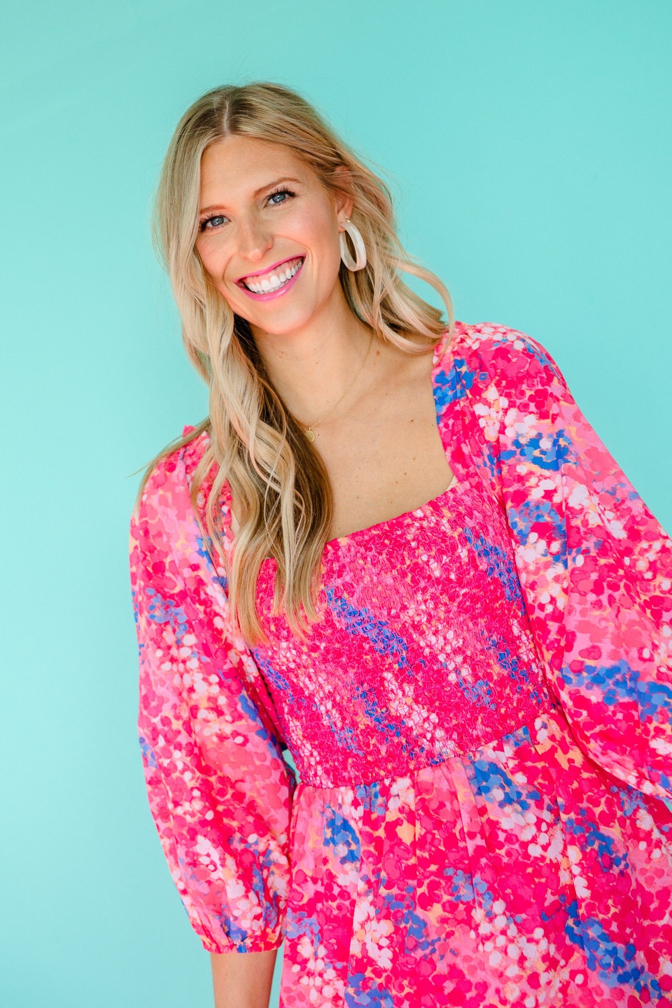 Leah Smocked Mini Dress - Shocking Pink + Bright Blue + Fuchsia — view 4