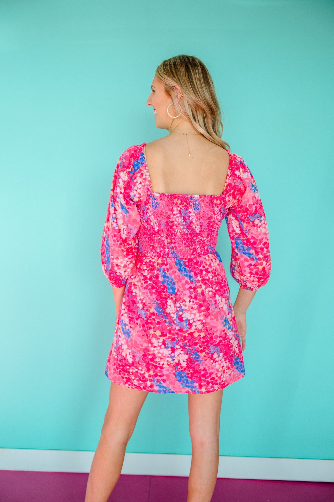 Leah Smocked Mini Dress - Shocking Pink + Bright Blue + Fuchsia — view 6