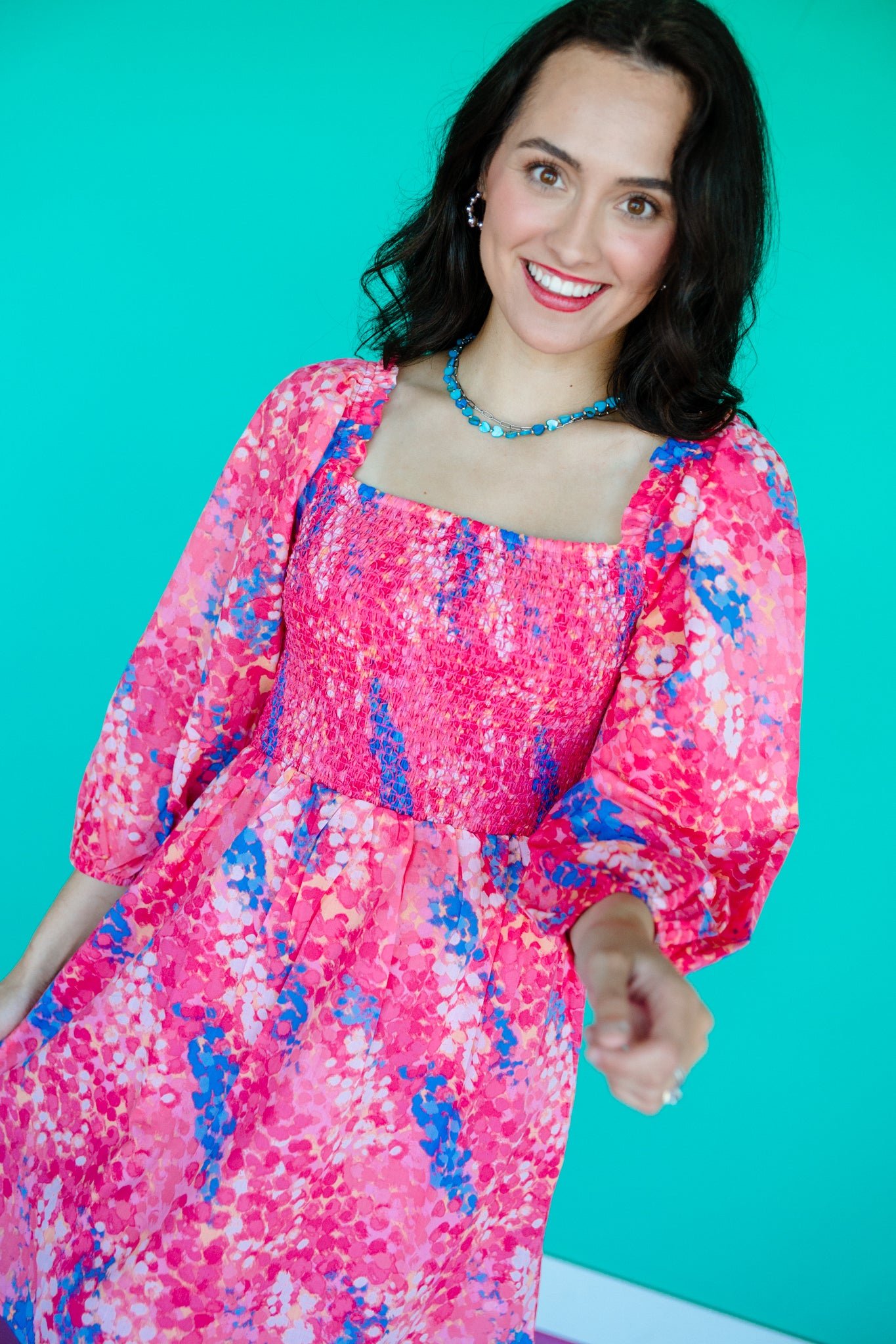Leah Smocked Mini Dress - Shocking Pink + Bright Blue + Fuchsia — view 10
