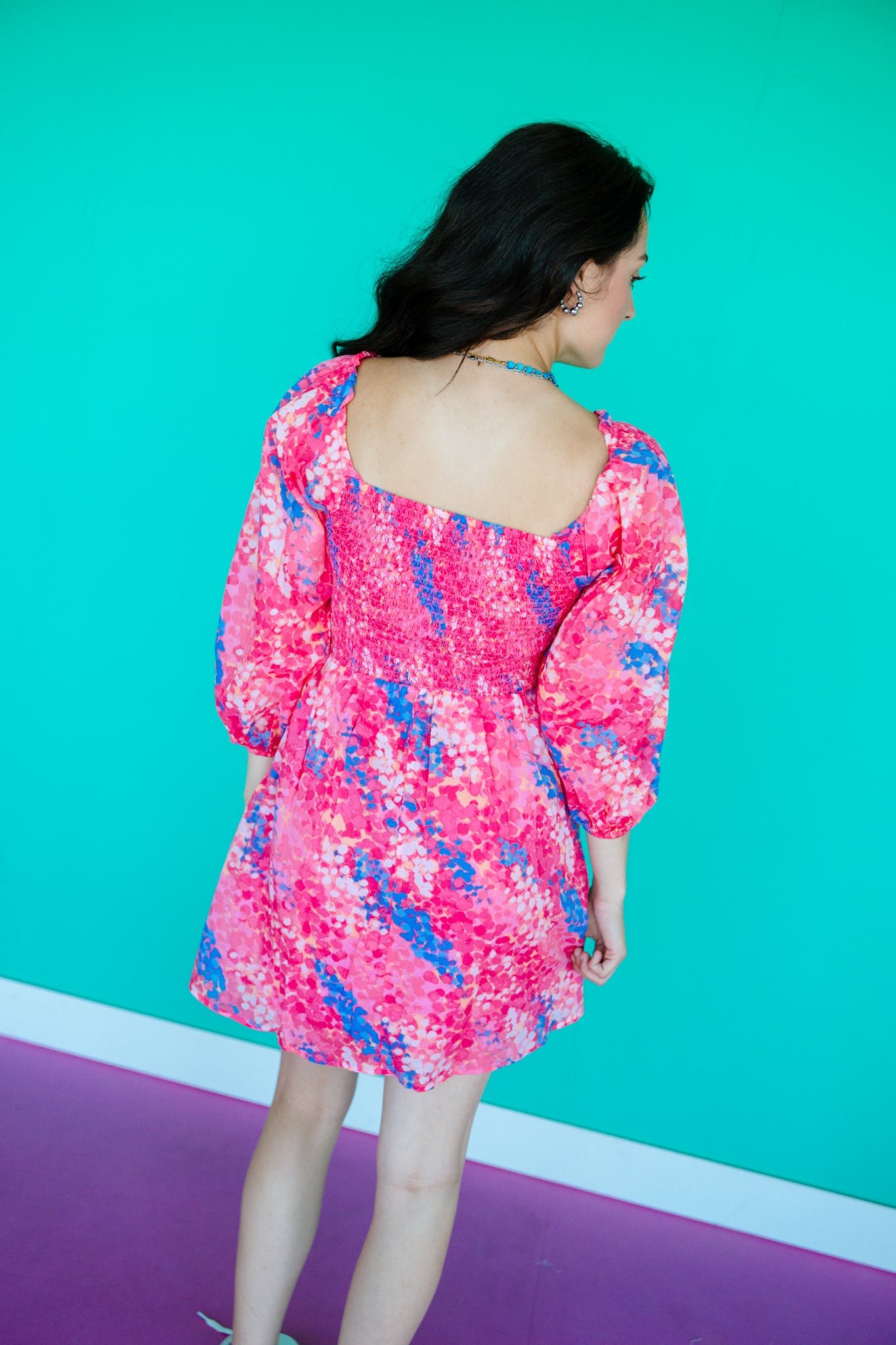 Leah Smocked Mini Dress - Shocking Pink + Bright Blue + Fuchsia — view 11
