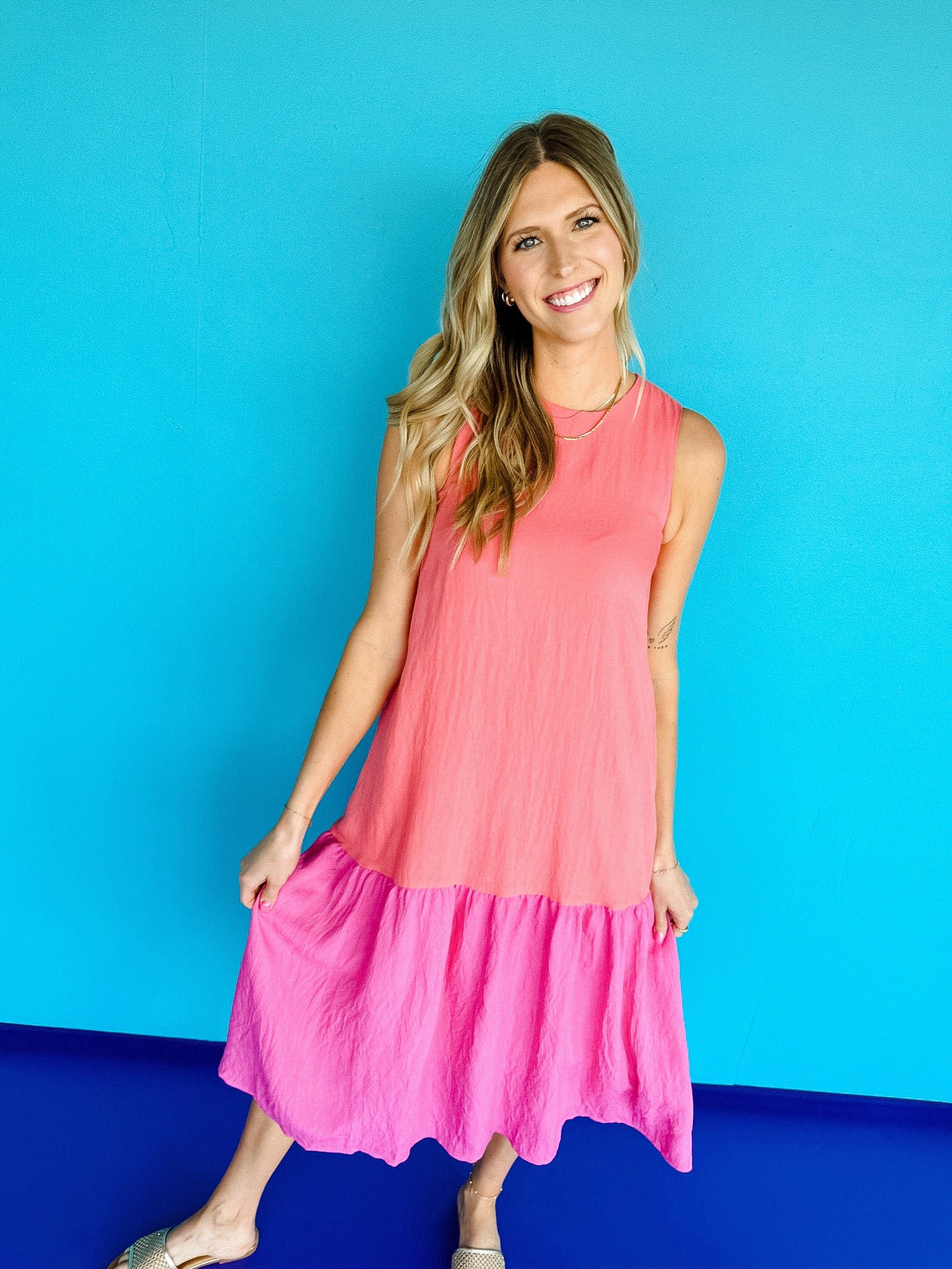 Southern Sun Colorblock Midi Dress - Coral + Bright Pink — view 8