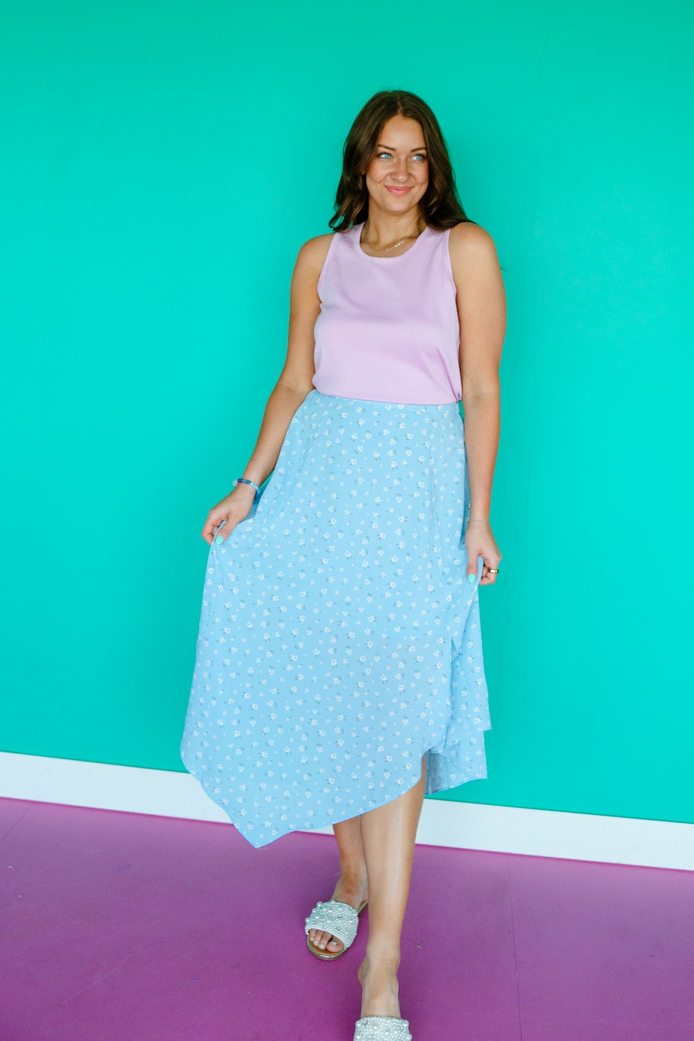 Gloria Floral Maxi Skirt - Pastel Blue + Soft White — view 6