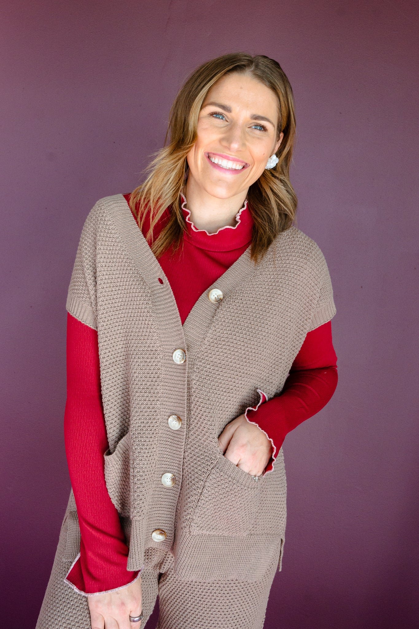 Erica Waffle Knit Vest and Pant Set - Rose Brown — view 2