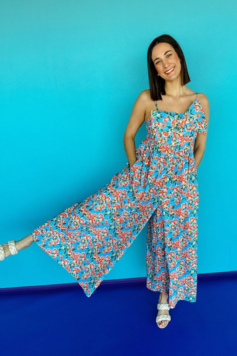 Lola Floral Jumpsuit - Orange + Old Gold + Warm Blue