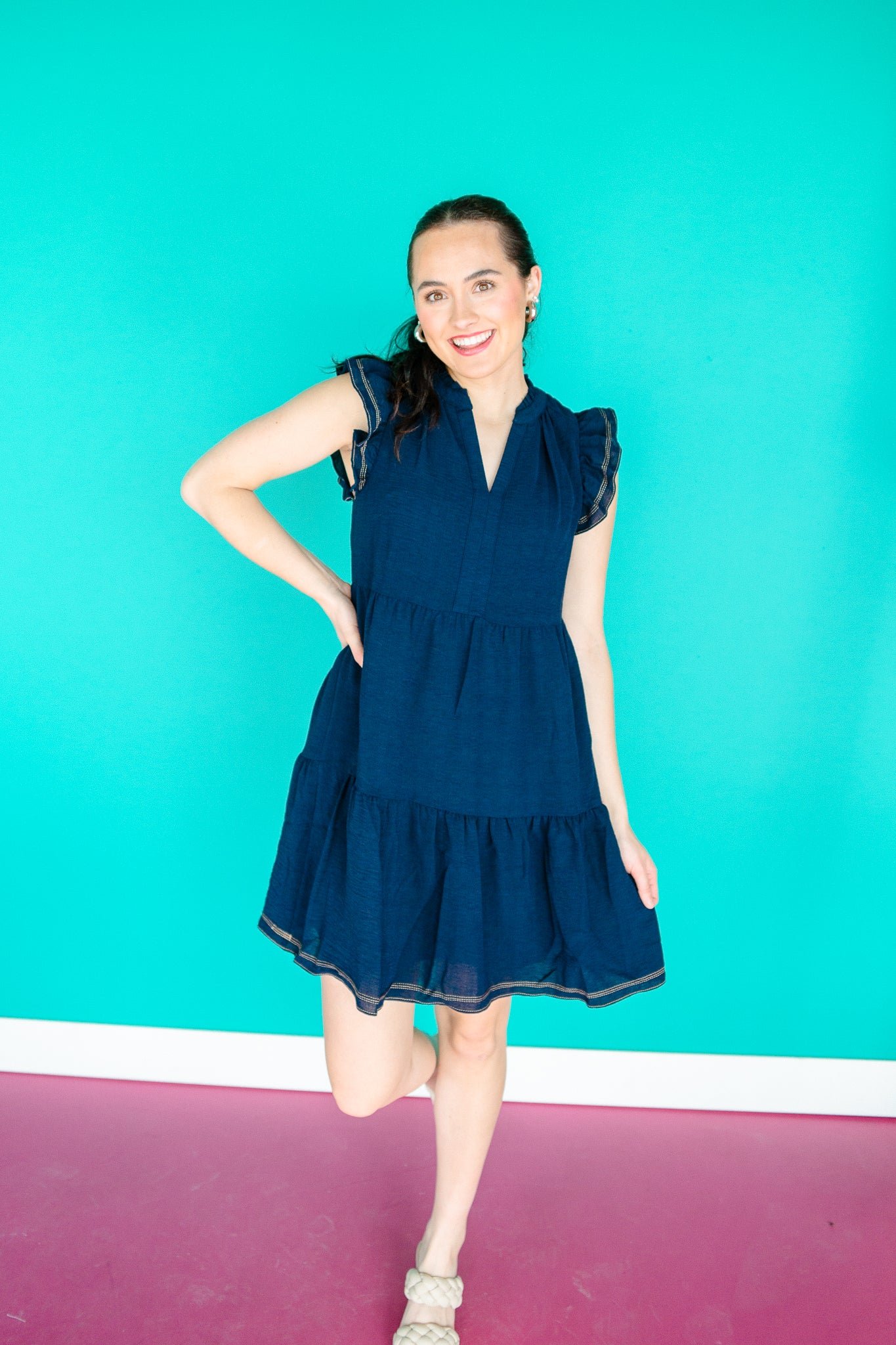 Caren Tiered Mini Dress - Dark Navy — view 6