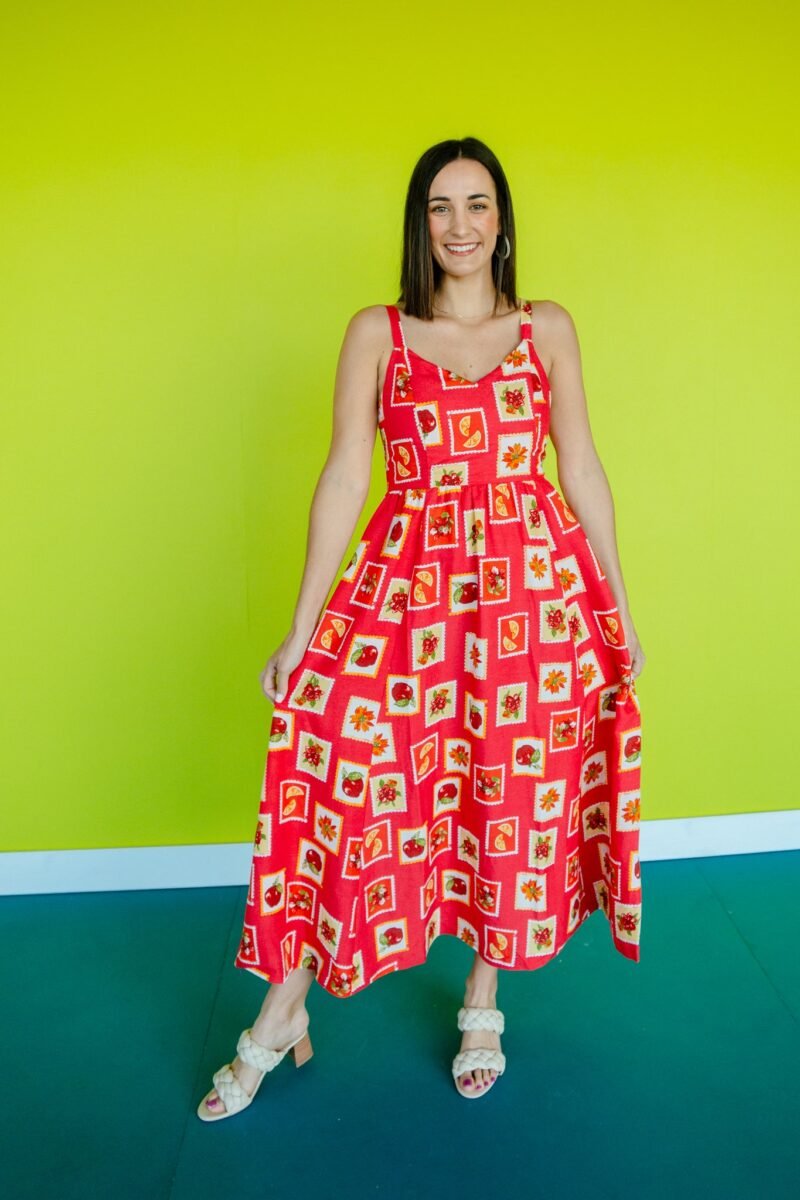 Nora Printed Midi Dress - Red + Orange + Grass