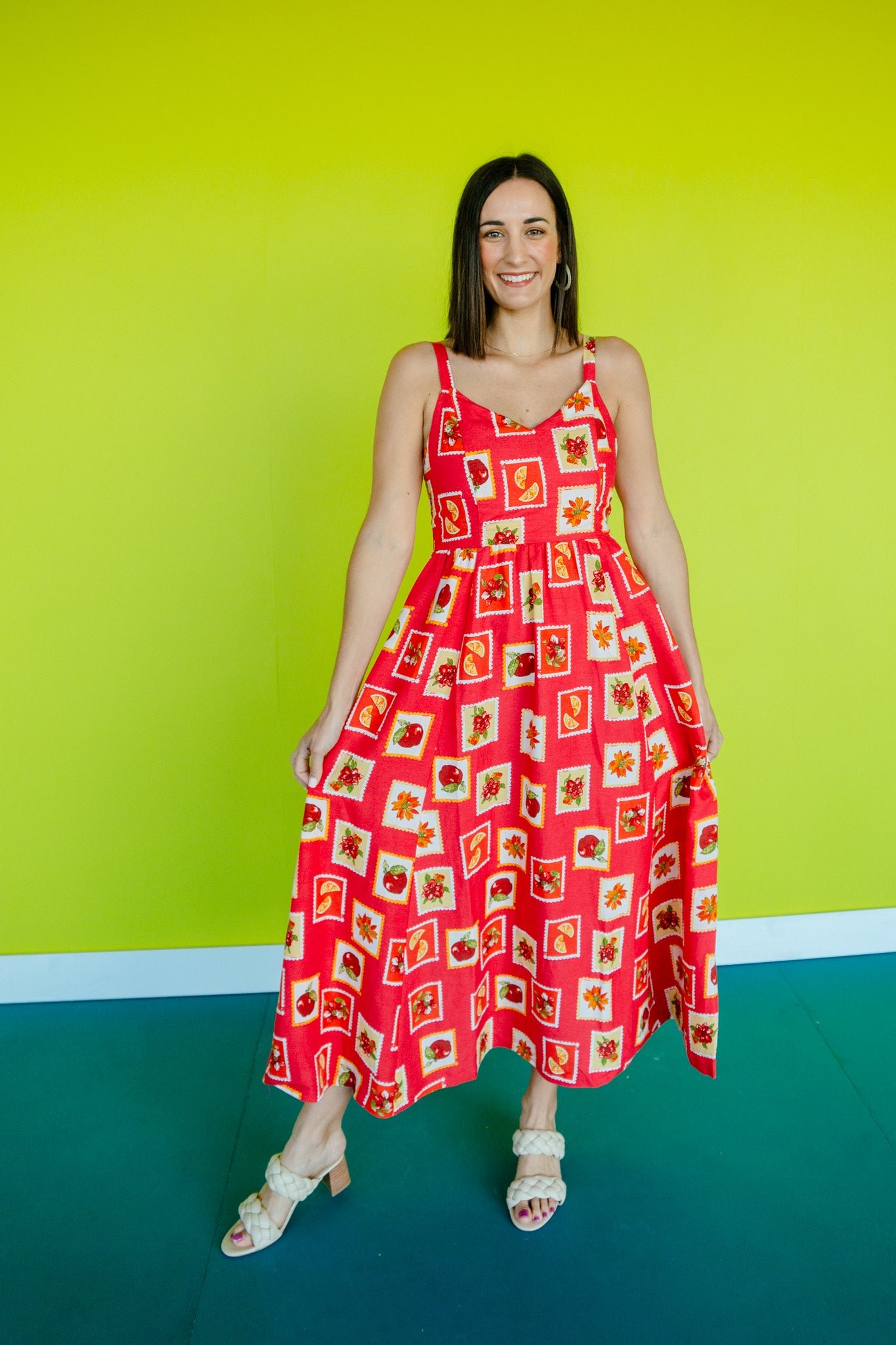 Nora Printed Midi Dress - Red + Orange + Grass