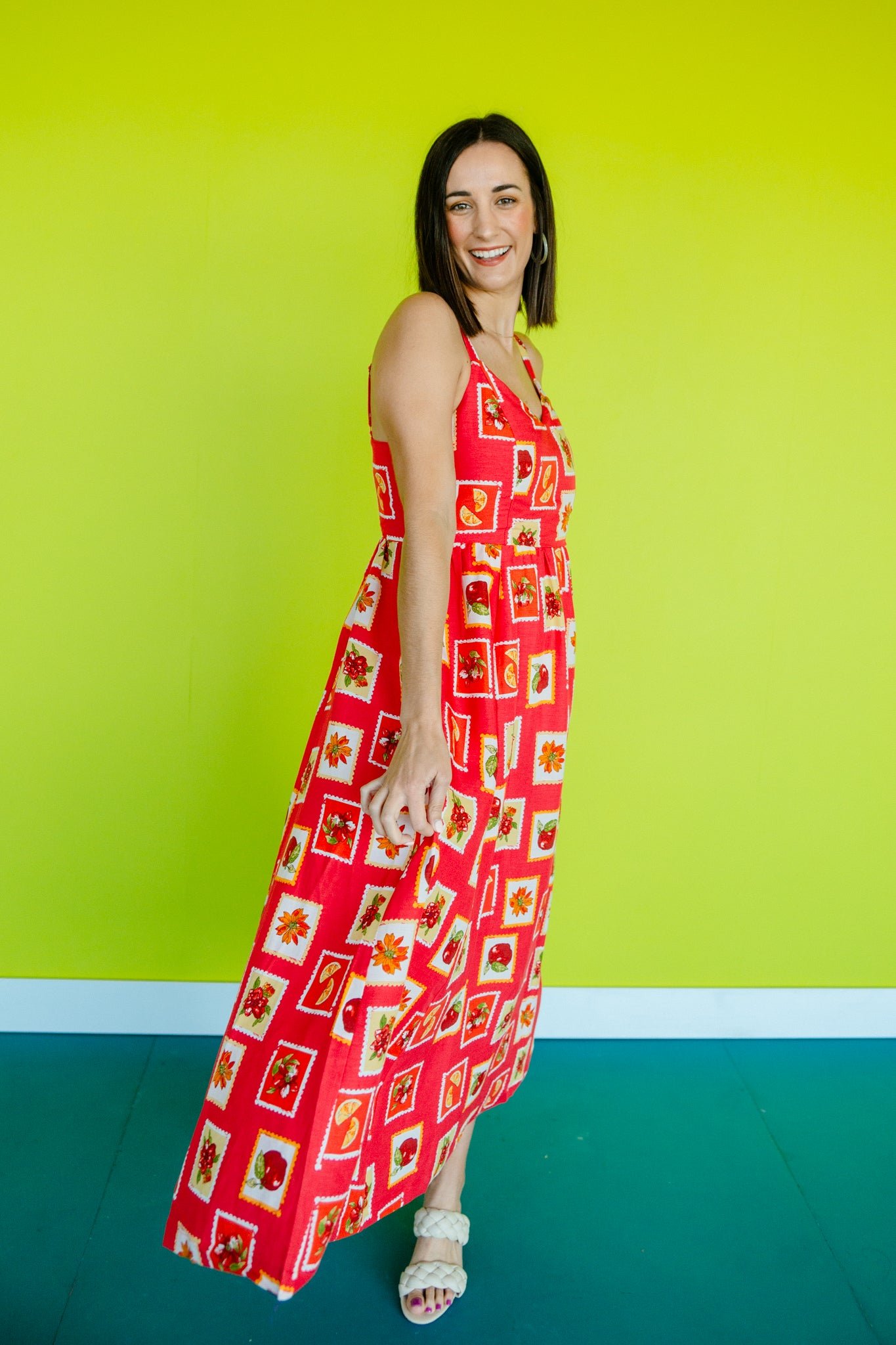 Nora Printed Midi Dress - Red + Orange + Grass — view 2