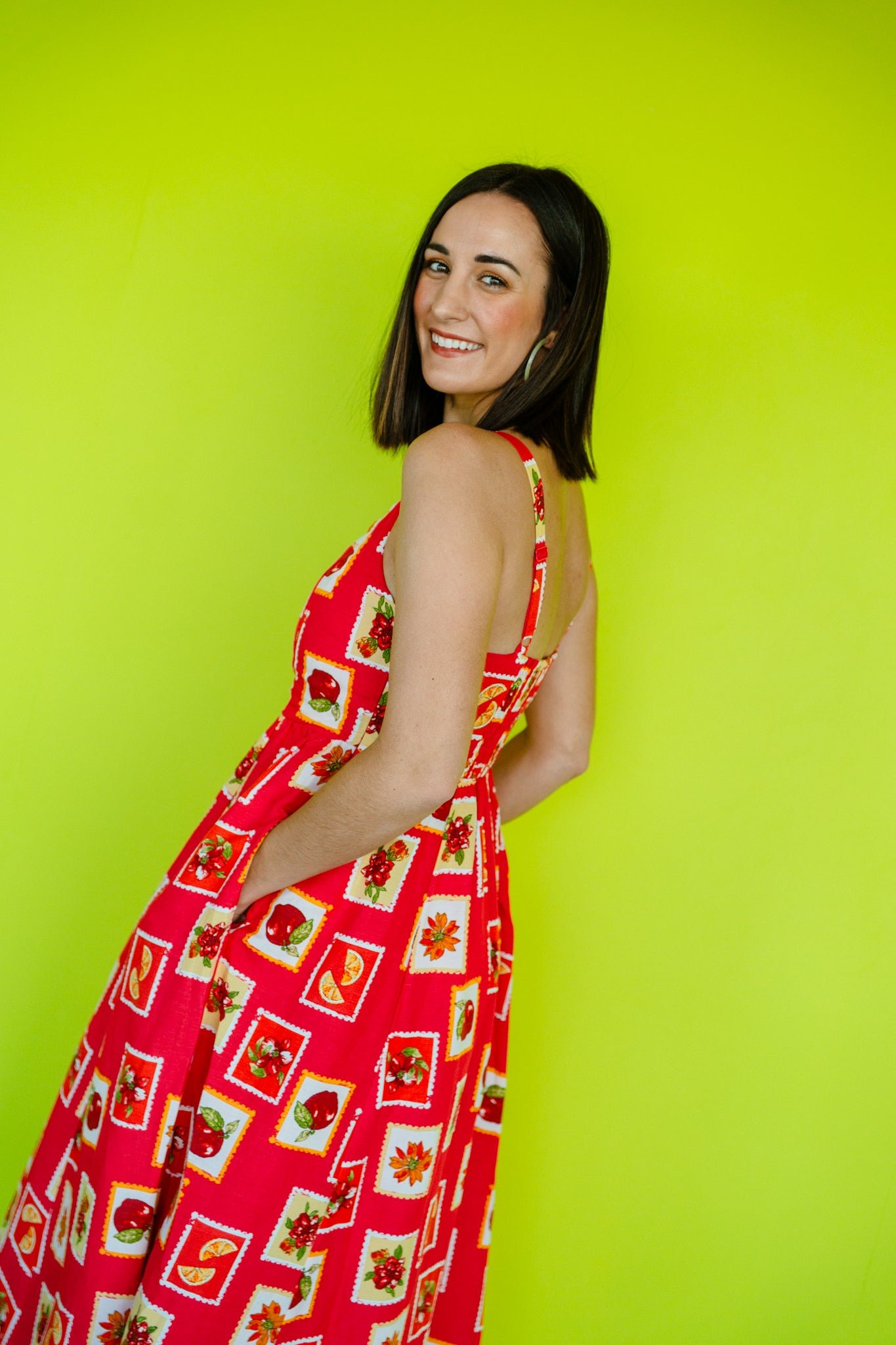 Nora Printed Midi Dress - Red + Orange + Grass — view 4