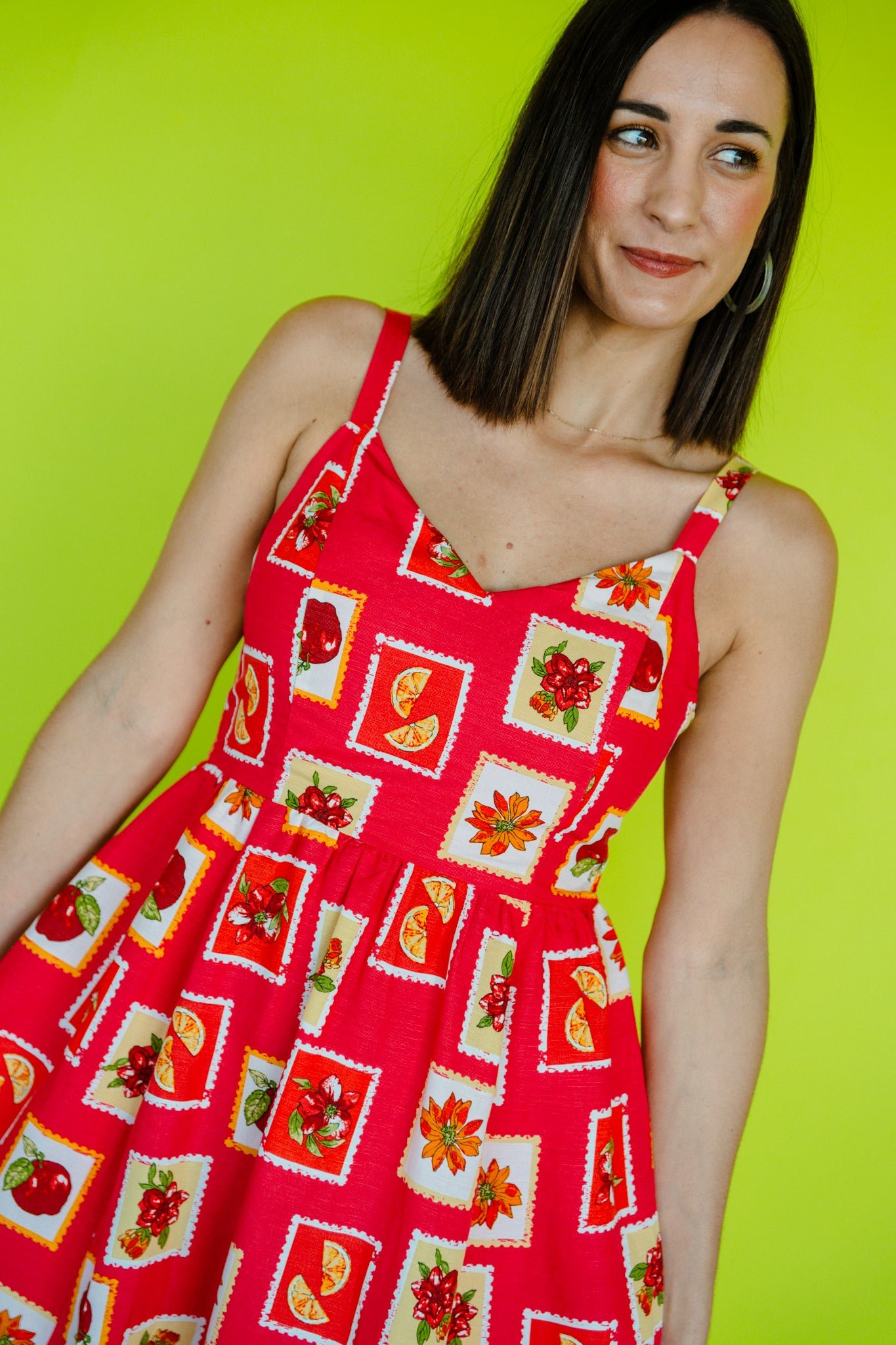 Nora Printed Midi Dress - Red + Orange + Grass — view 5