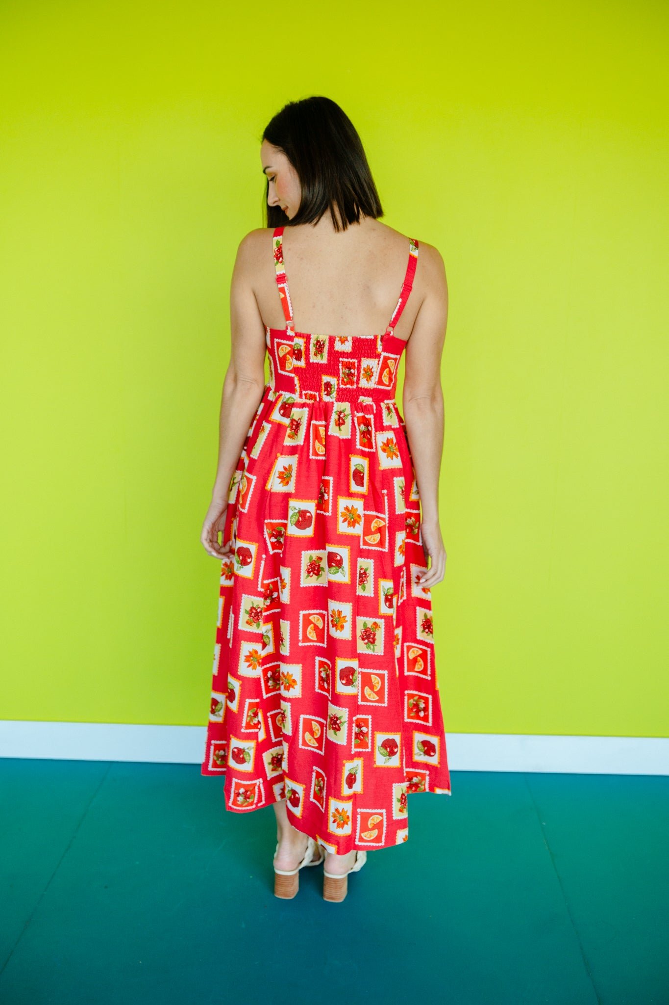 Nora Printed Midi Dress - Red + Orange + Grass — view 6