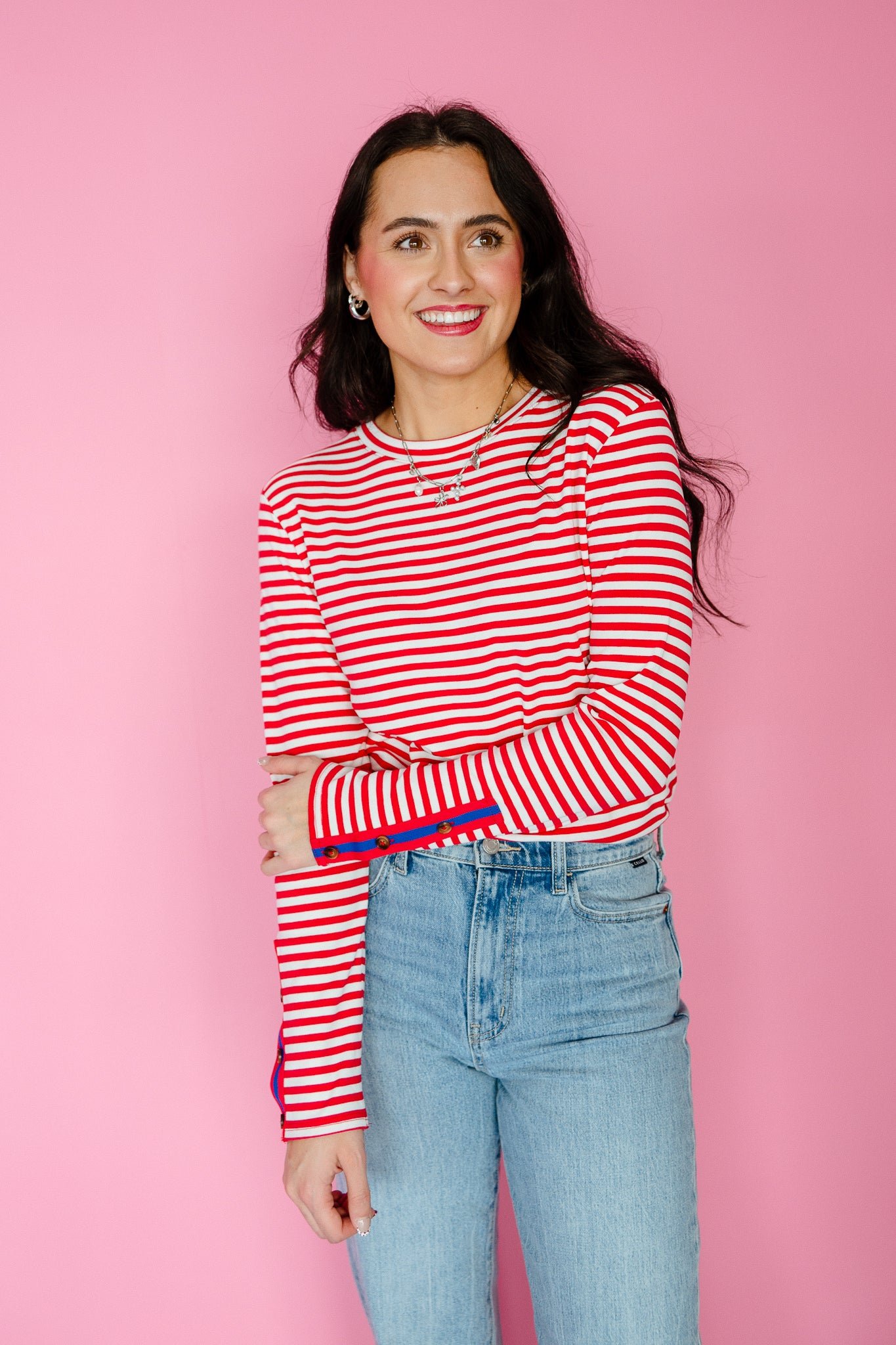 Rylie Striped Long Sleeve Top - True Red + White + Bright Navy — view 4