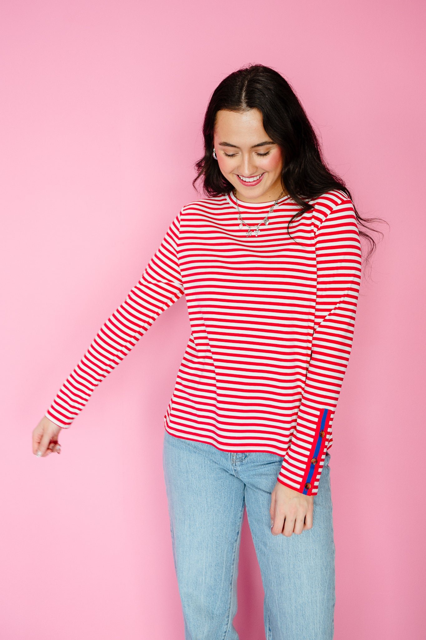 Rylie Striped Long Sleeve Top - True Red + White + Bright Navy — view 8