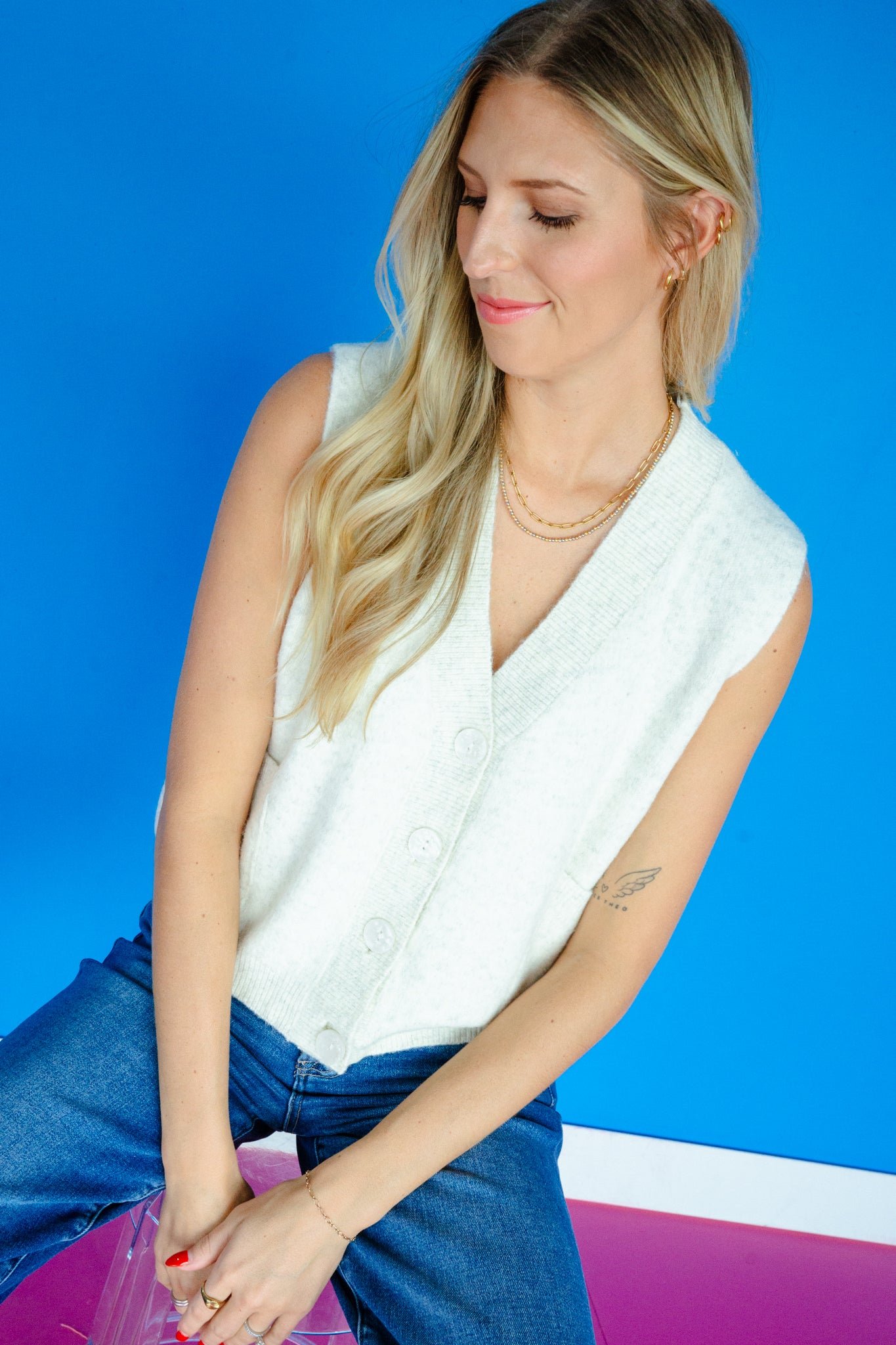 Maggie Button Up Sweater Vest - Cream + Dove Grey — view 7