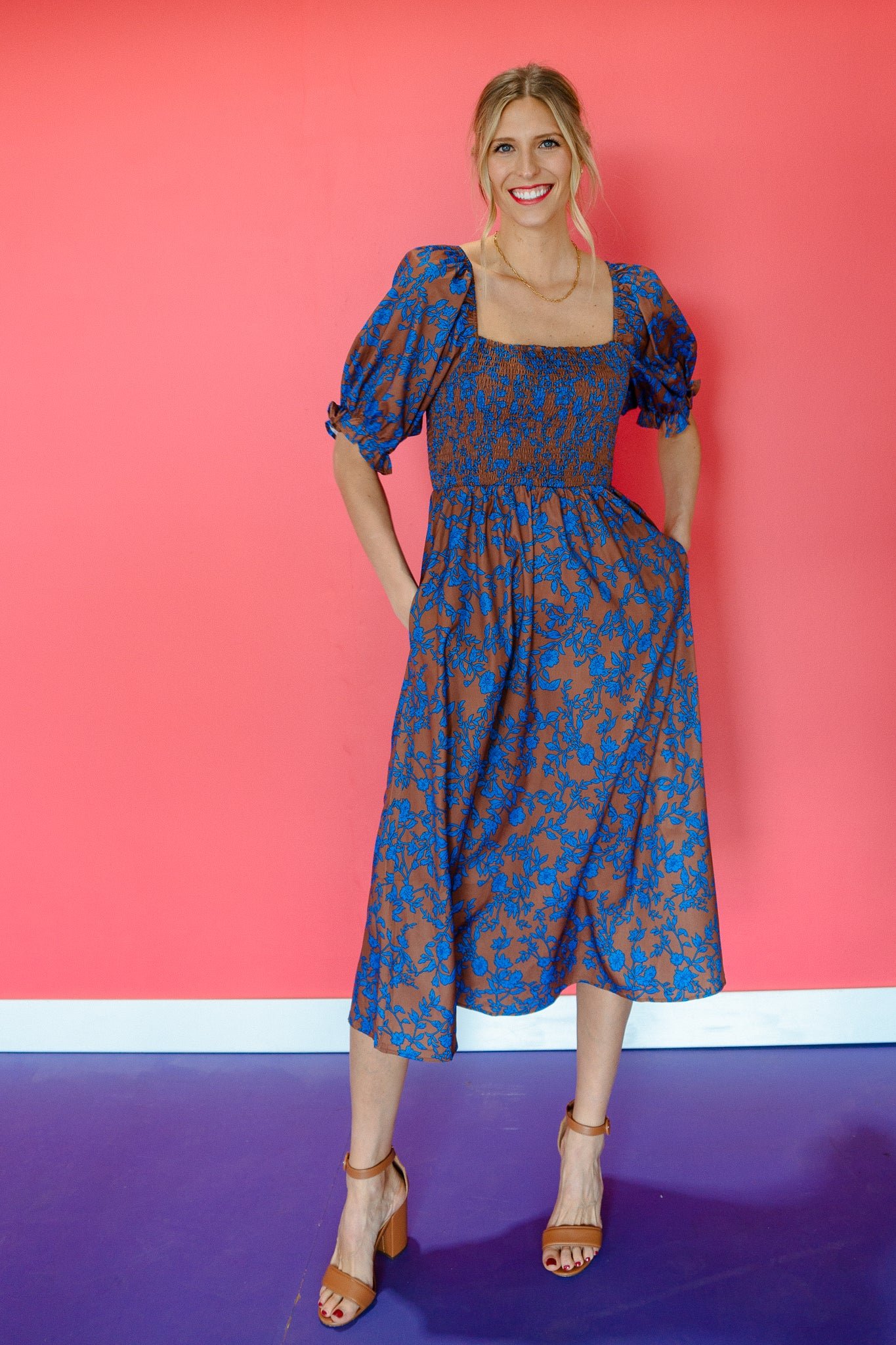 Lottie Balloon Sleeve Midi Dress - Chocolate + Bright Blue — view 3