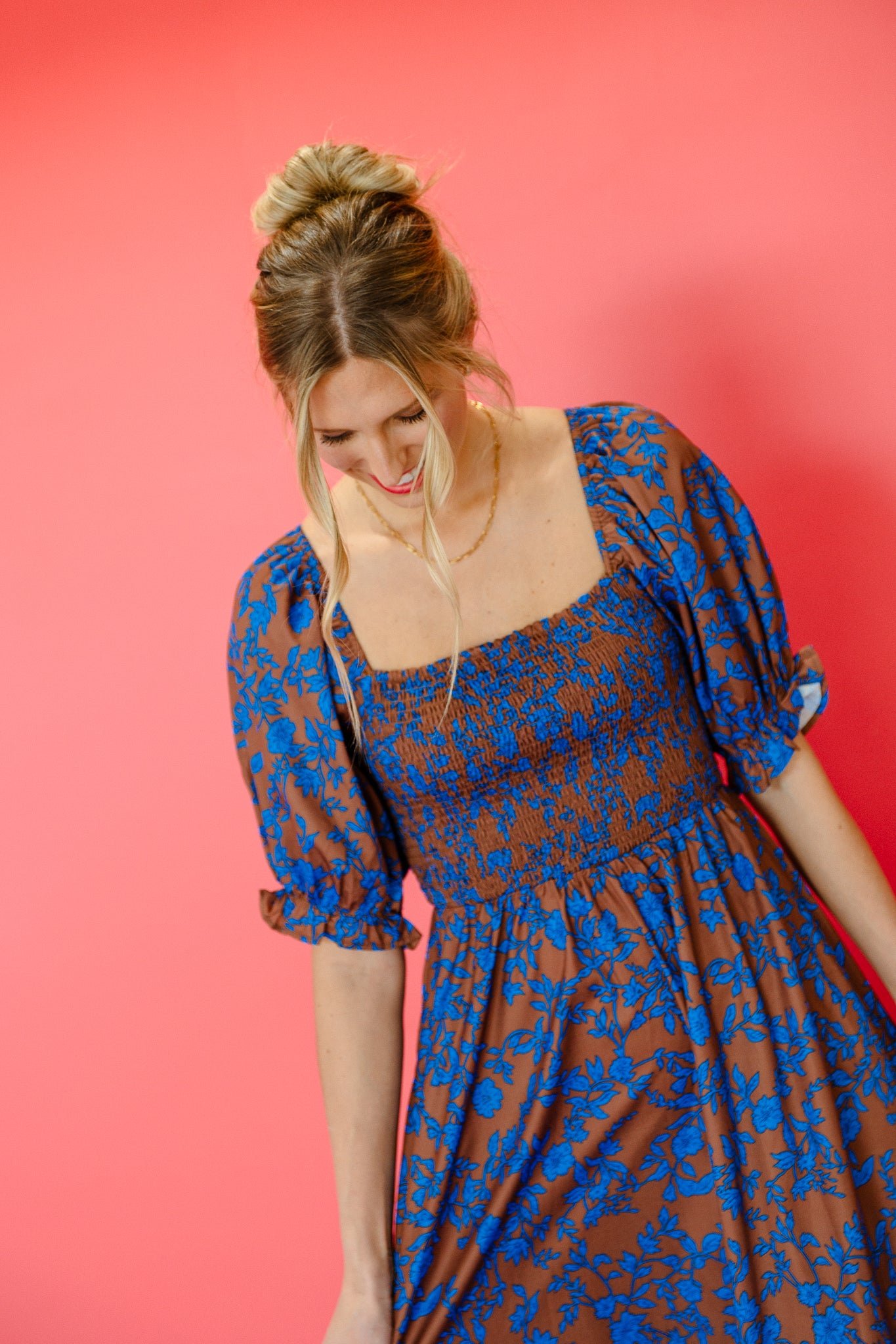 Lottie Balloon Sleeve Midi Dress - Chocolate + Bright Blue — view 6
