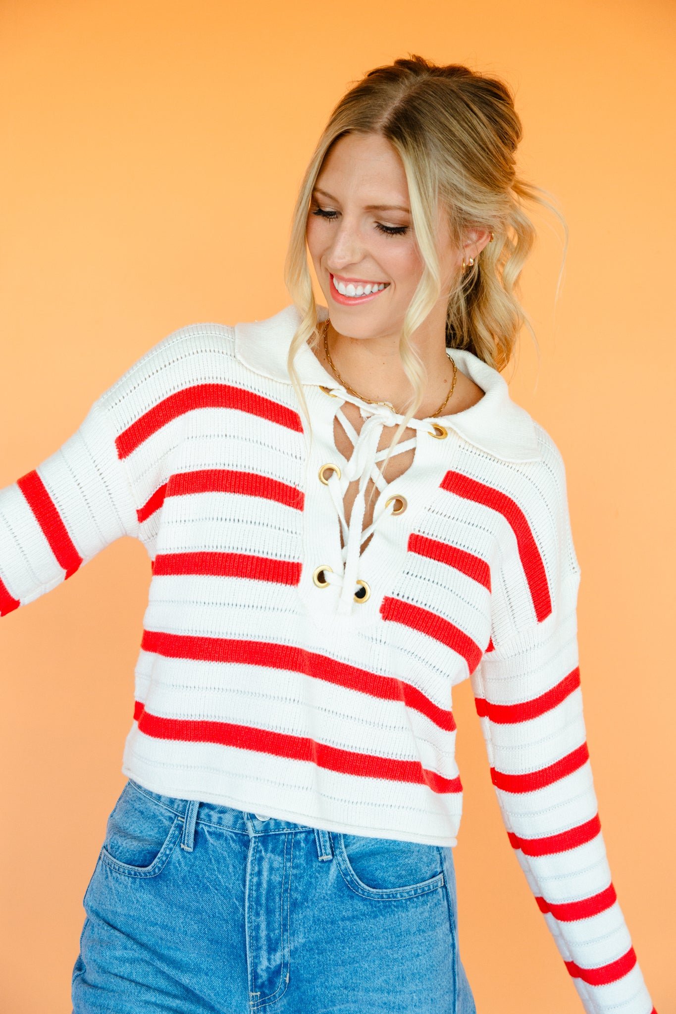 Marcie Collared Sweater - Oatmeal + True Red — view 11