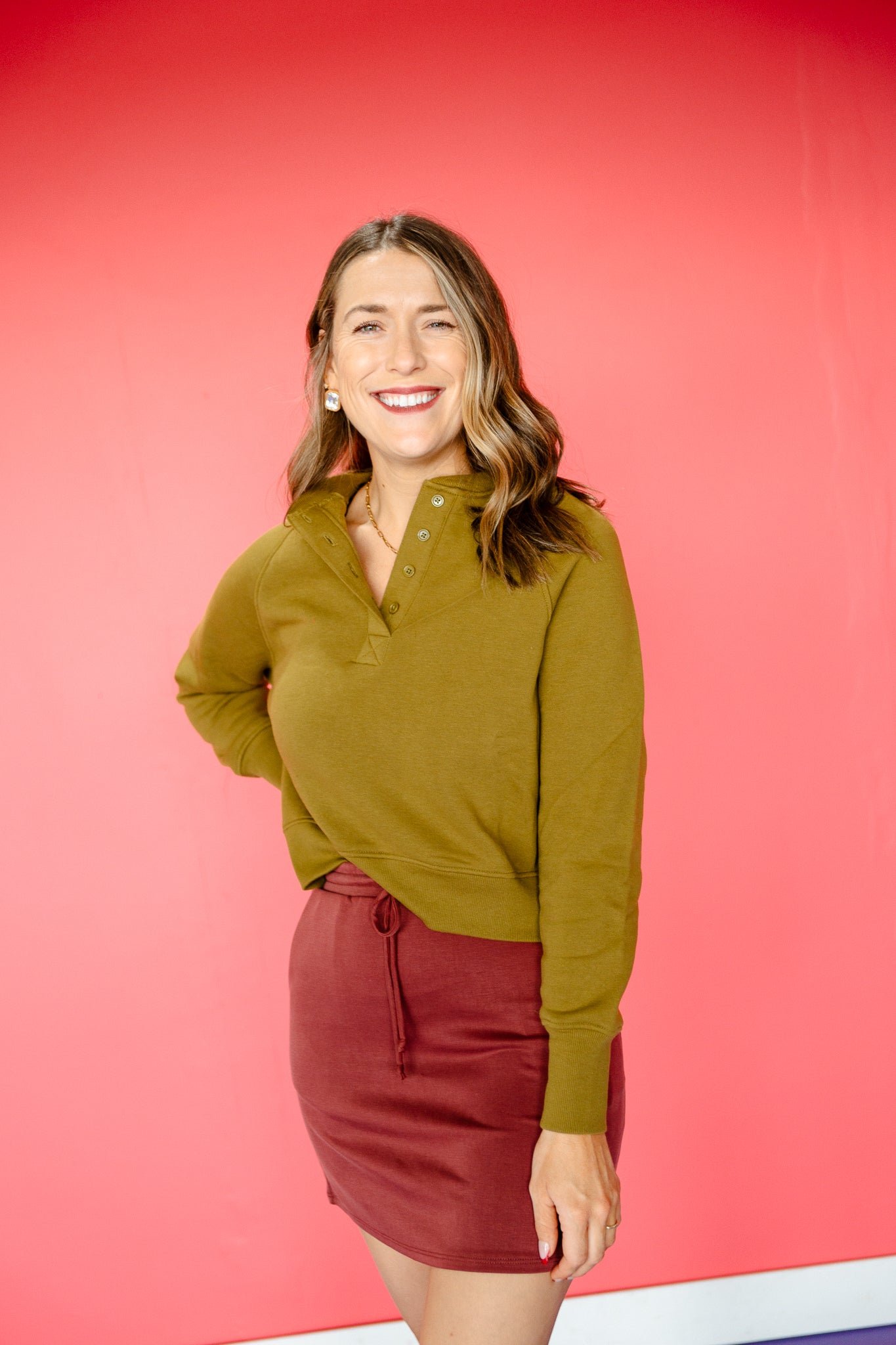 Tayla Bubble Hem Top and Mini Skirt Set - Warm Burgundy — view 9