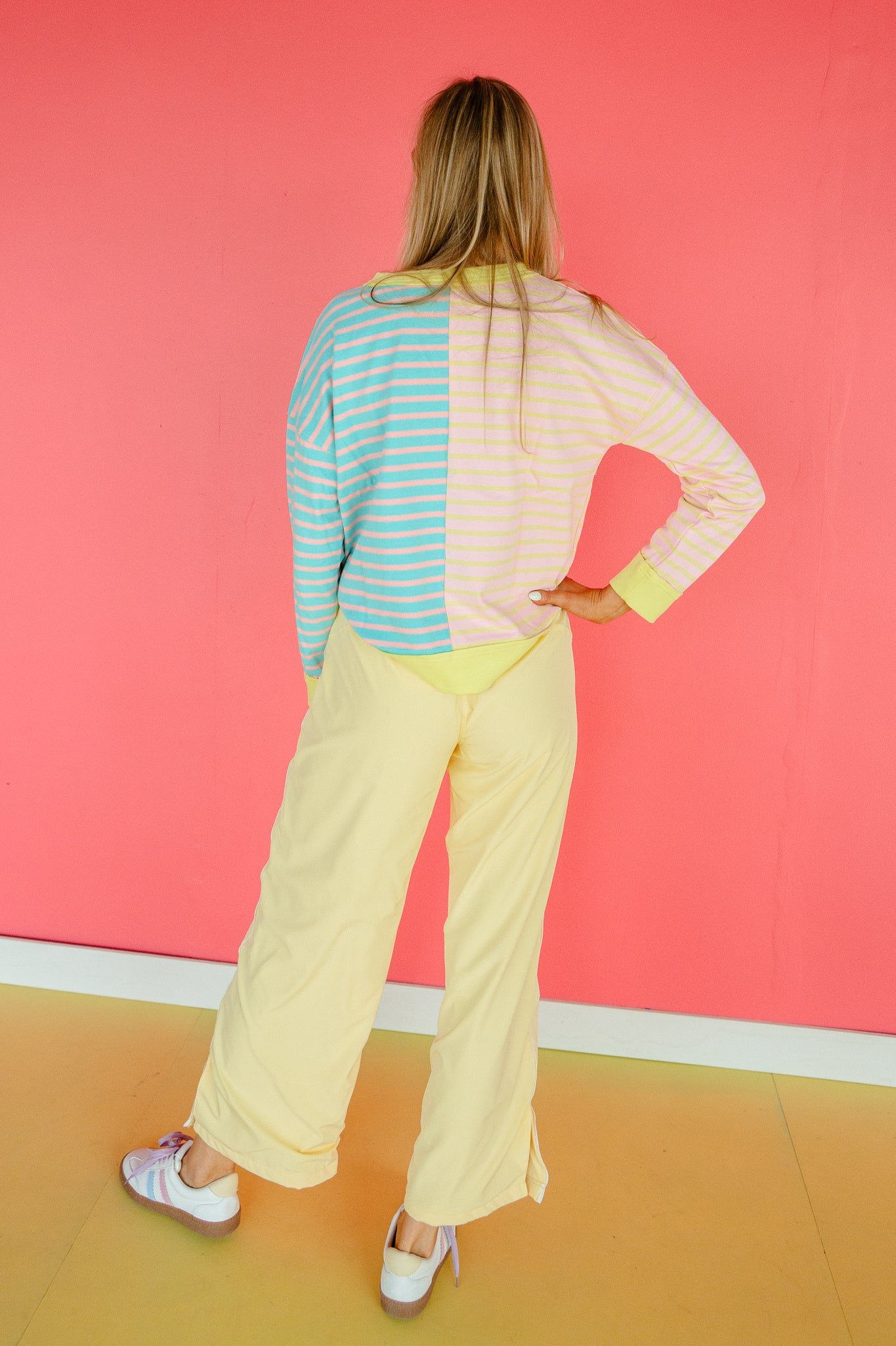 Carla Striped Sweatshirt - Canary + Warm Pink — view 4