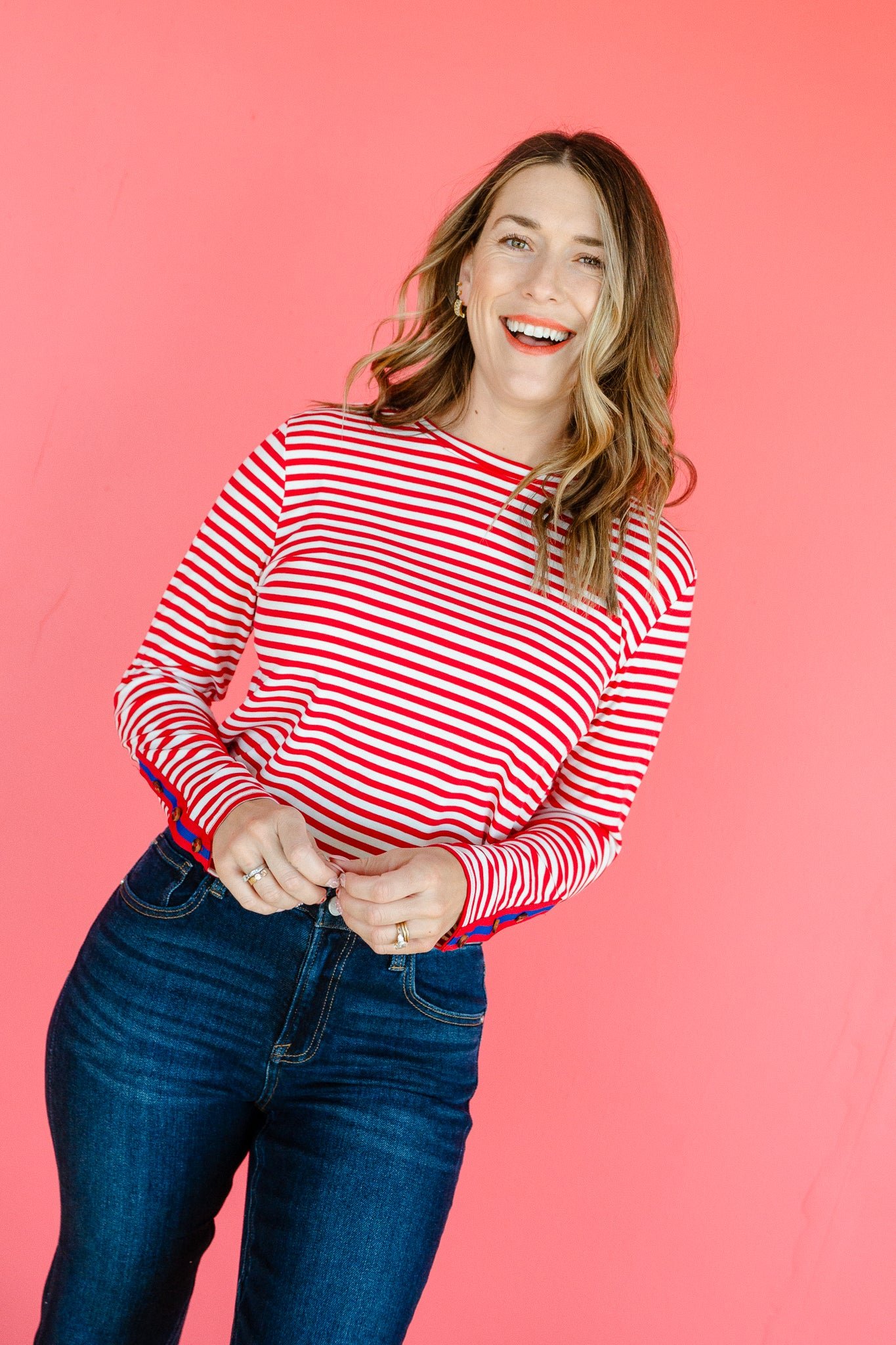 Rylie Striped Long Sleeve Top - True Red + White + Bright Navy — view 2