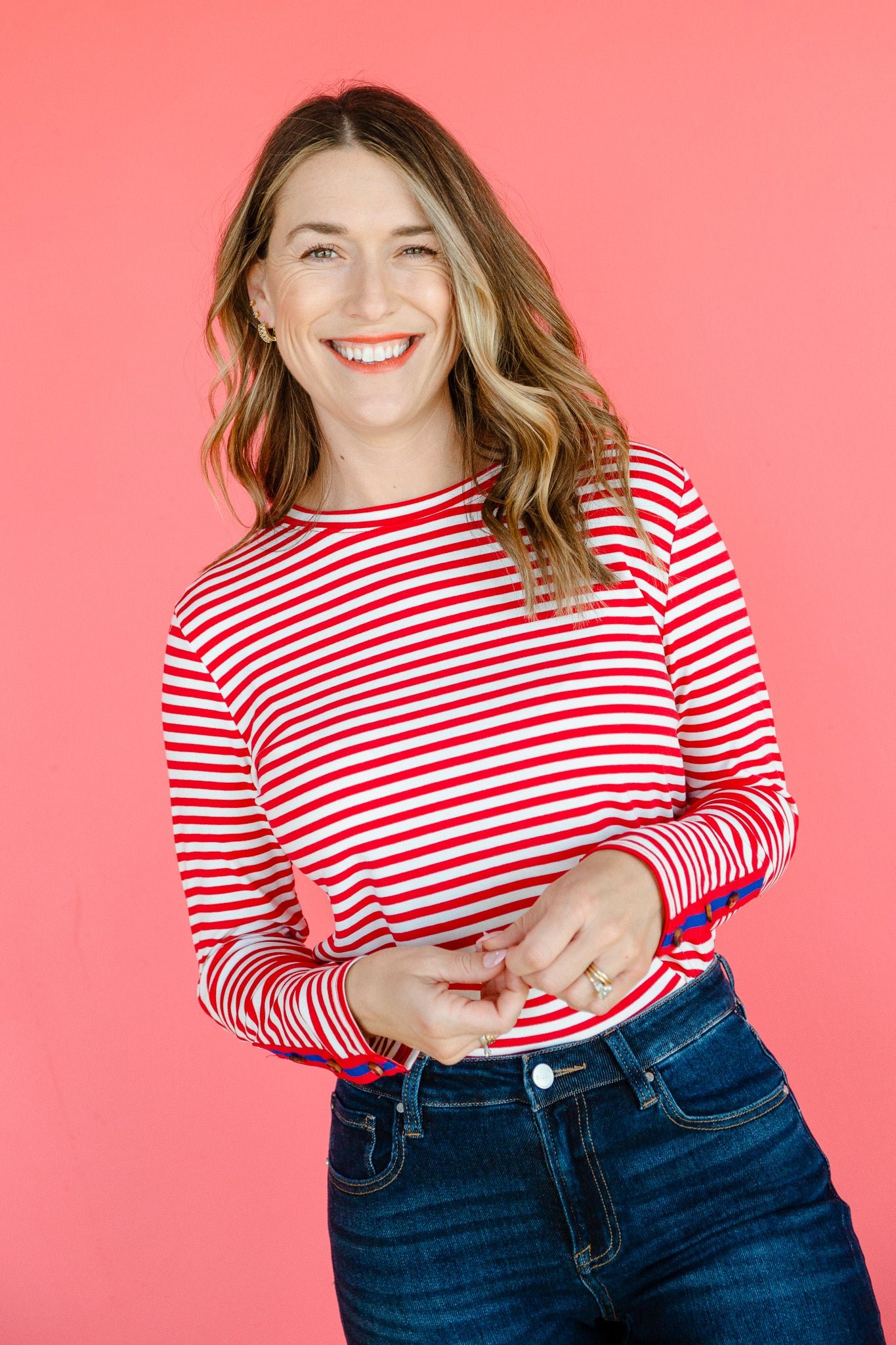 Rylie Striped Long Sleeve Top - True Red + White + Bright Navy — view 3