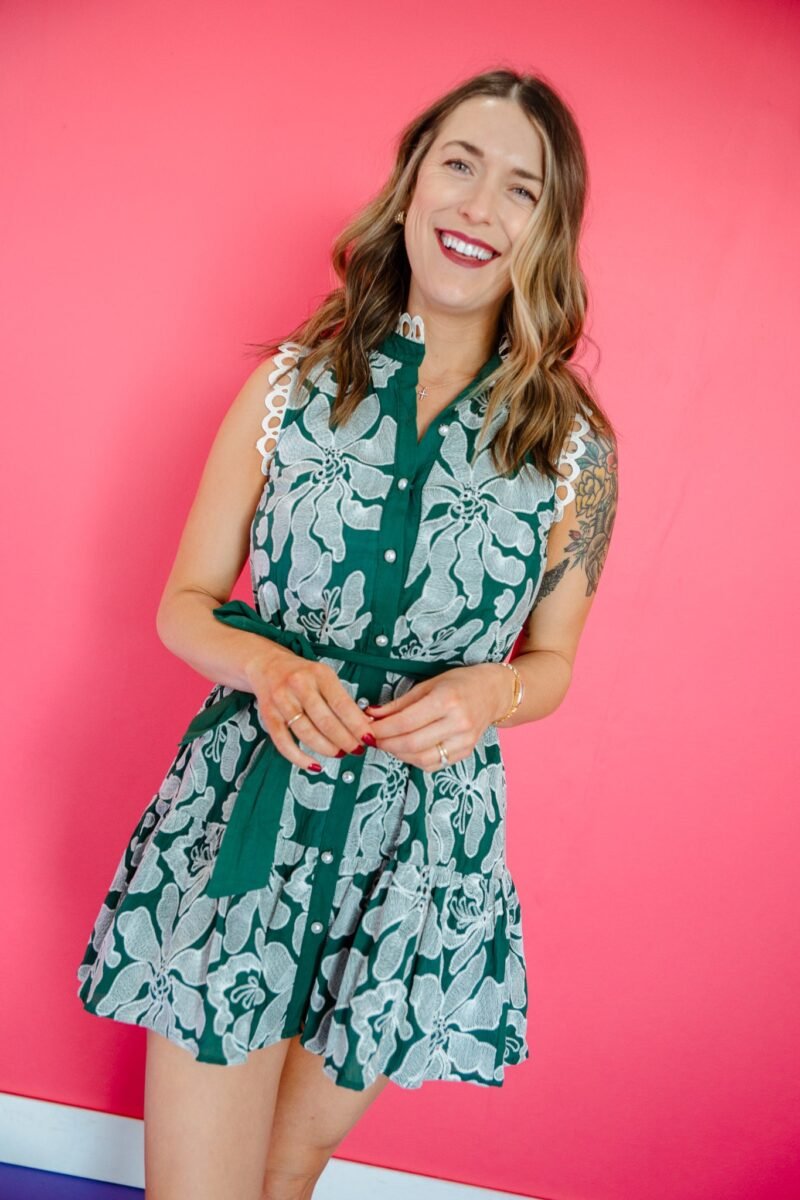 Cordelia Embroidered Mini Dress - Forest Green + Oyster