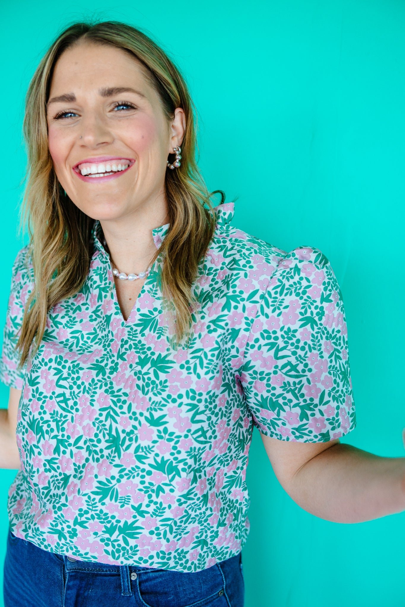 Tallulah Puff Sleeve Top - Jade + Cyclamen — view 3