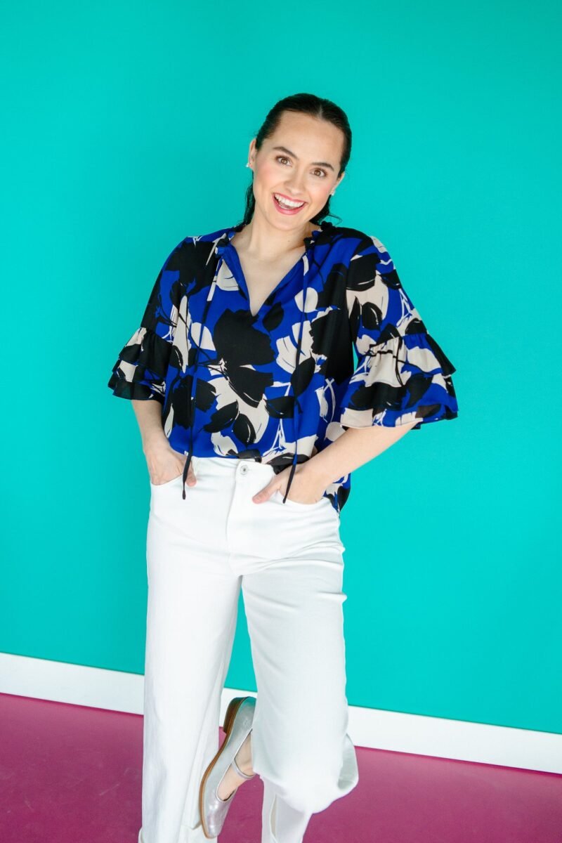 Elias Split Neck Ruffle Blouse - Royal Blue + Black
