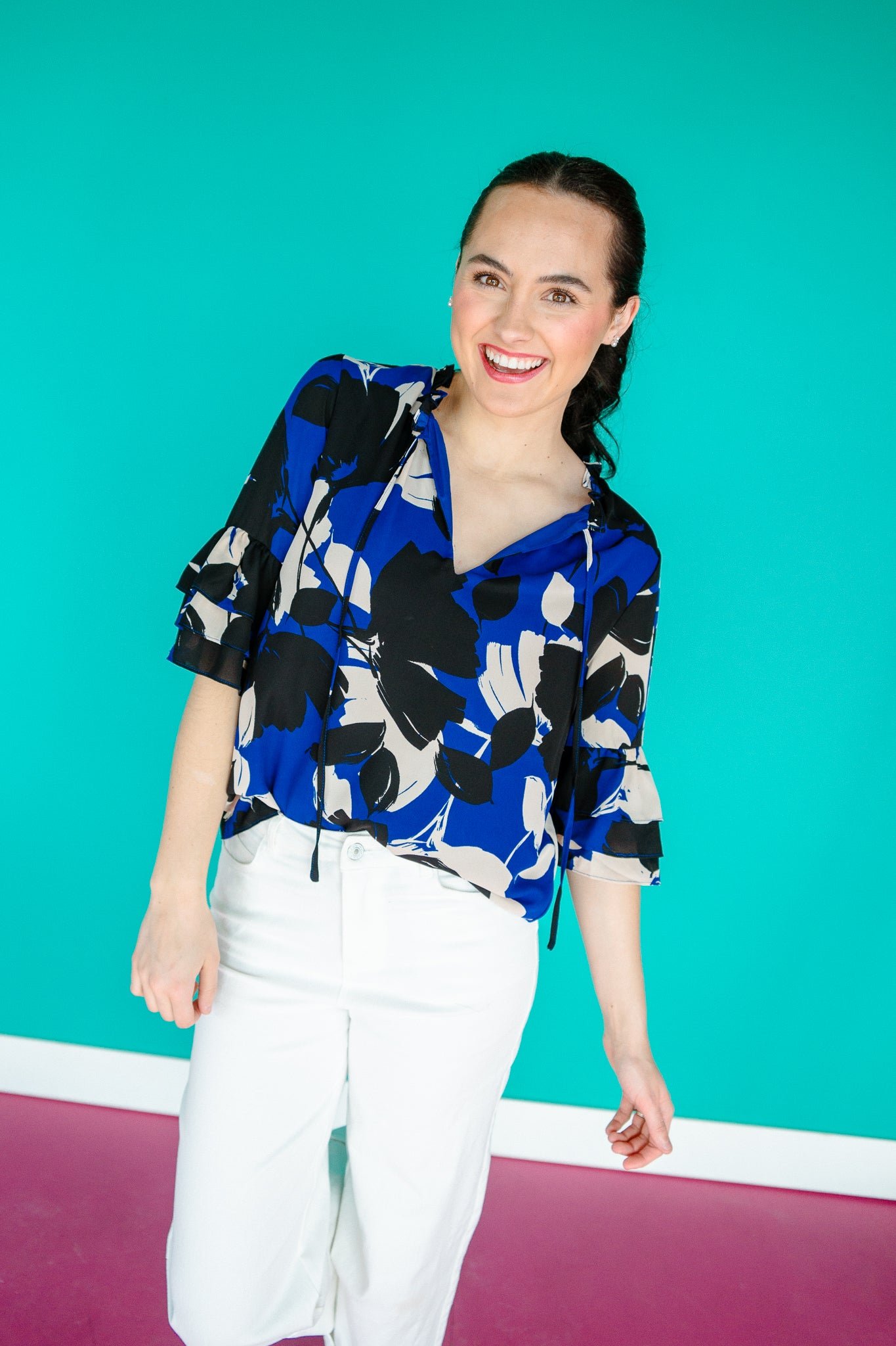 Elias Split Neck Ruffle Blouse - Royal Blue + Black — view 4