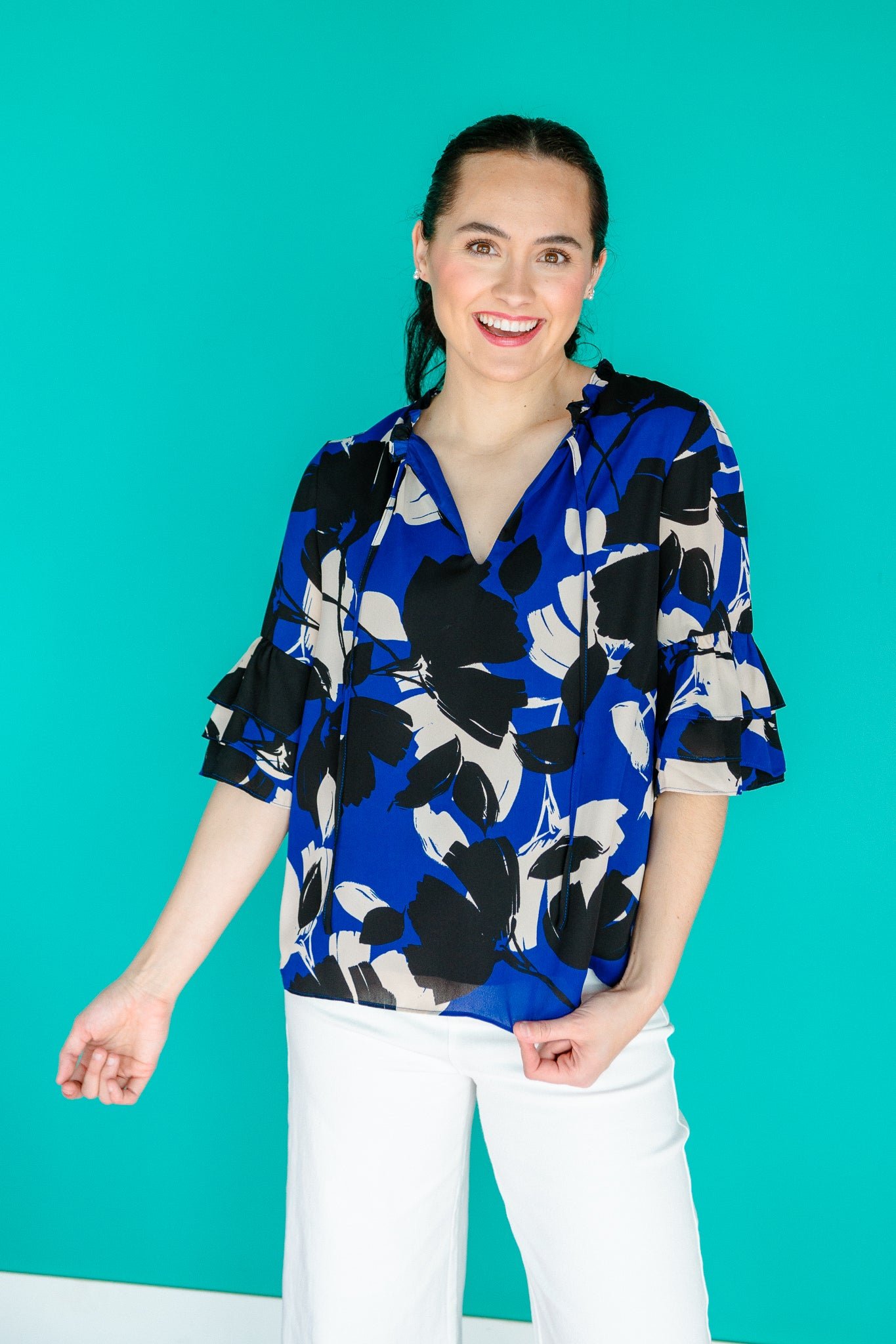 Elias Split Neck Ruffle Blouse - Royal Blue + Black — view 5