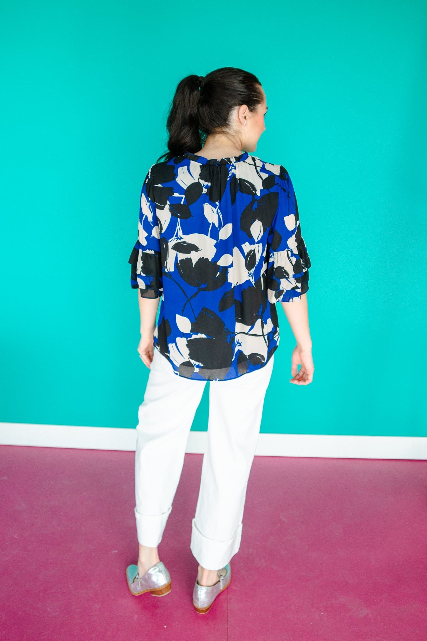 Elias Split Neck Ruffle Blouse - Royal Blue + Black — view 6