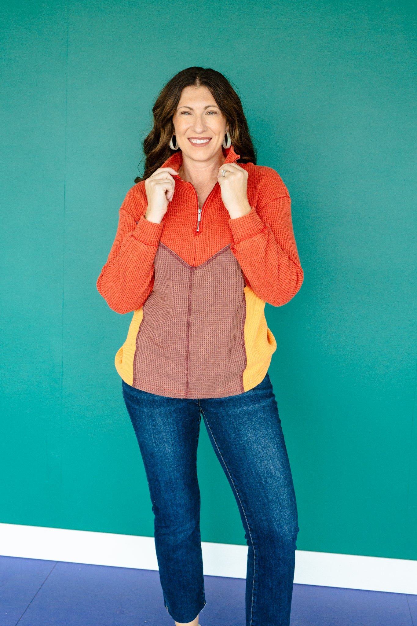 Logan Waffle Knit Pullover - Rust + Saffron — view 3