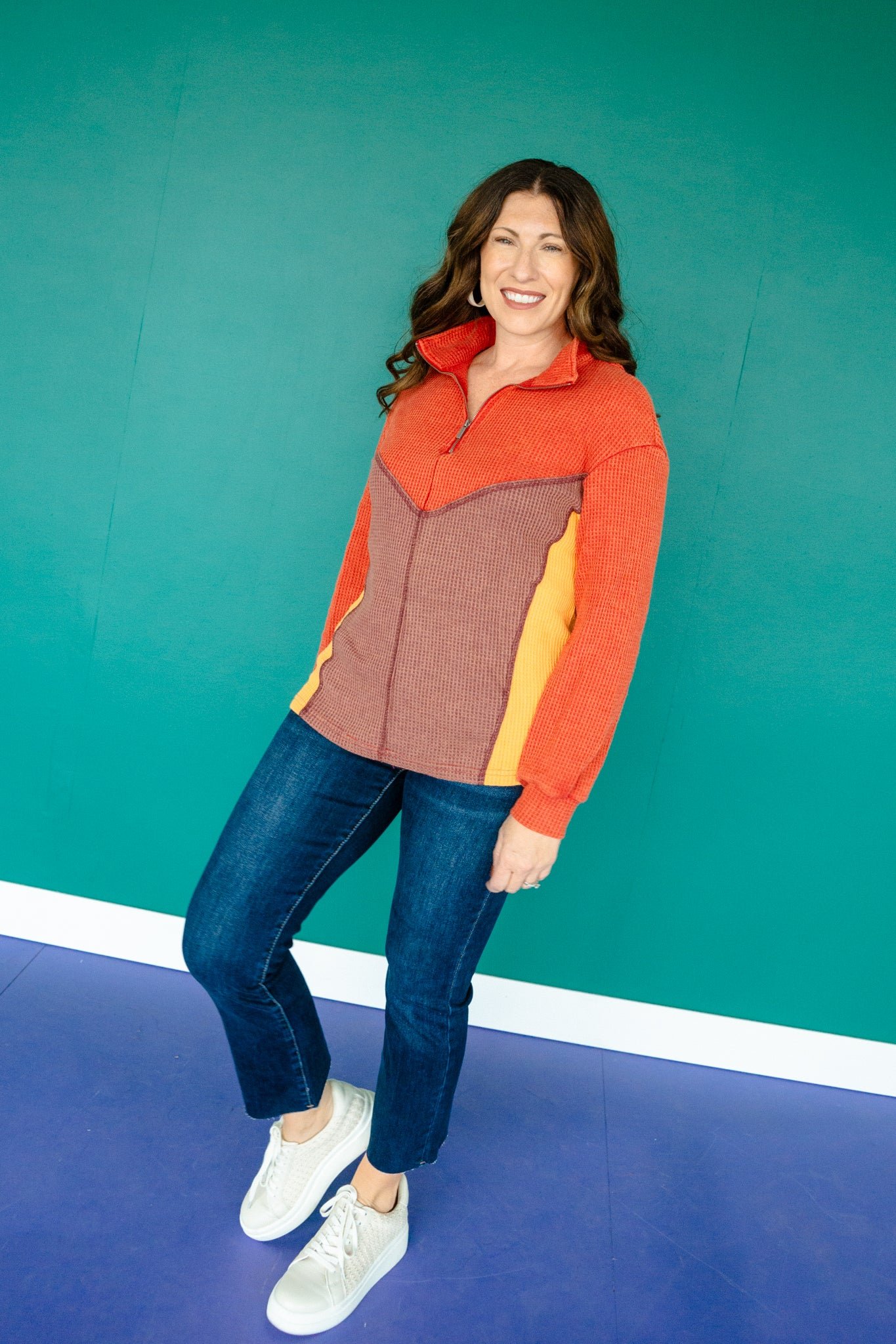 Logan Waffle Knit Pullover - Rust + Saffron — view 2