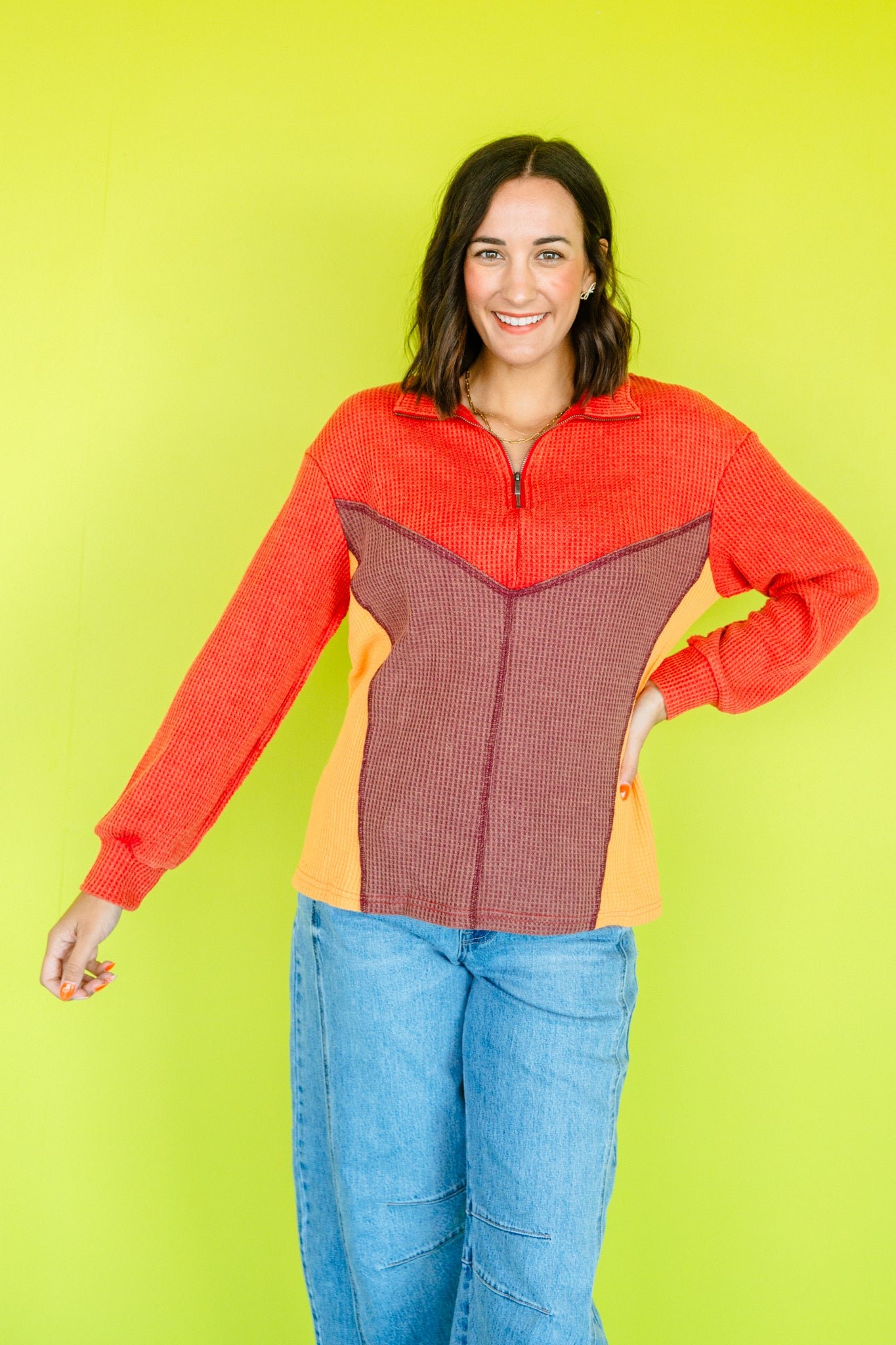 Logan Waffle Knit Pullover - Rust + Saffron — view 5