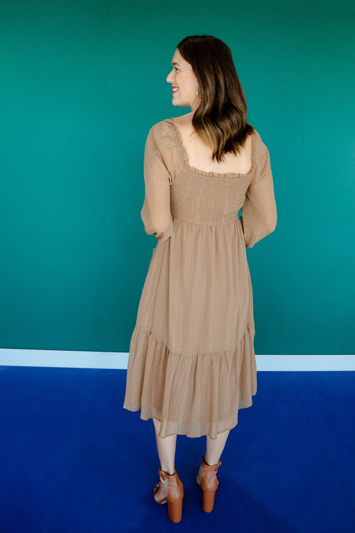 Alecia Smocked Midi Dress - Coffee + Gold — view 6