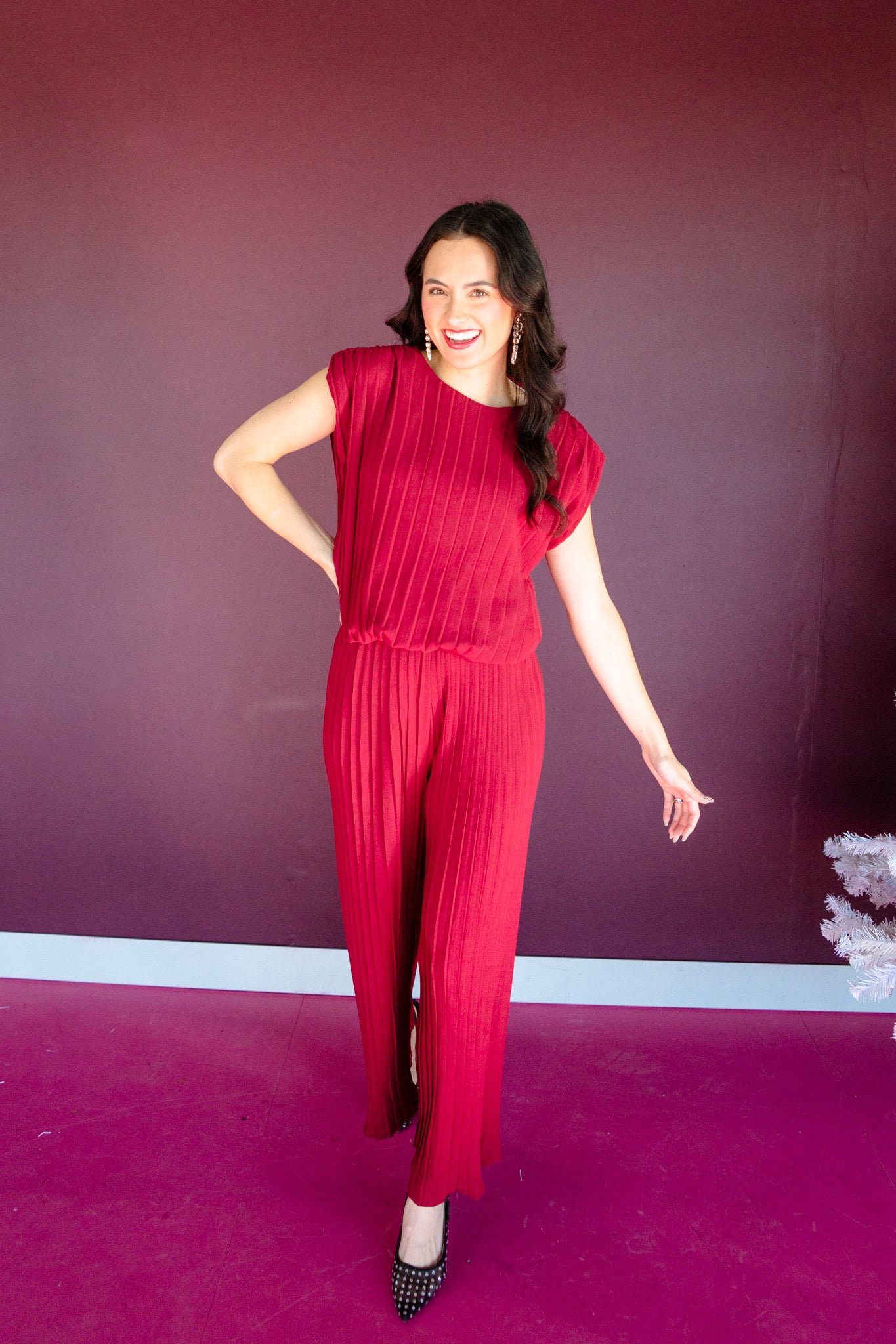 Zuri Pleated Top and Pants Set - Burgundy — view 3
