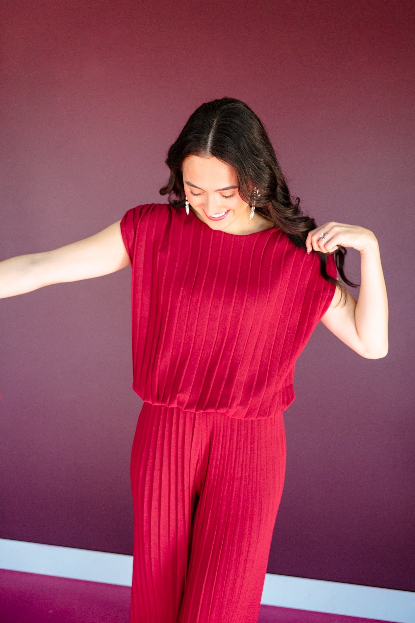 Zuri Pleated Top and Pants Set - Burgundy — view 5