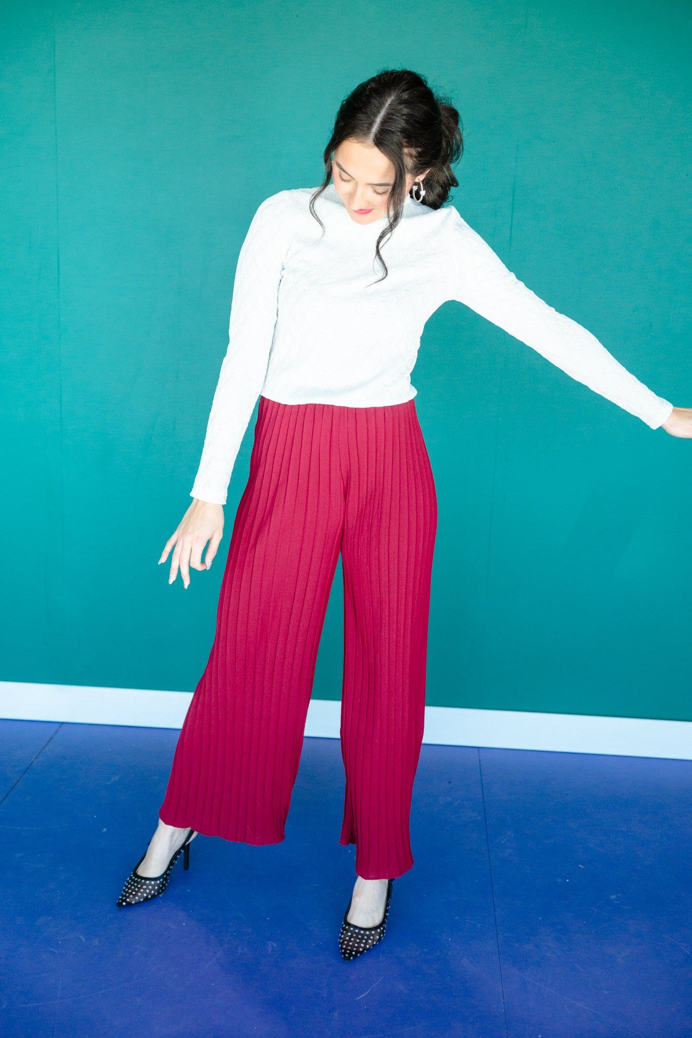 Zuri Pleated Top and Pants Set - Burgundy — view 11