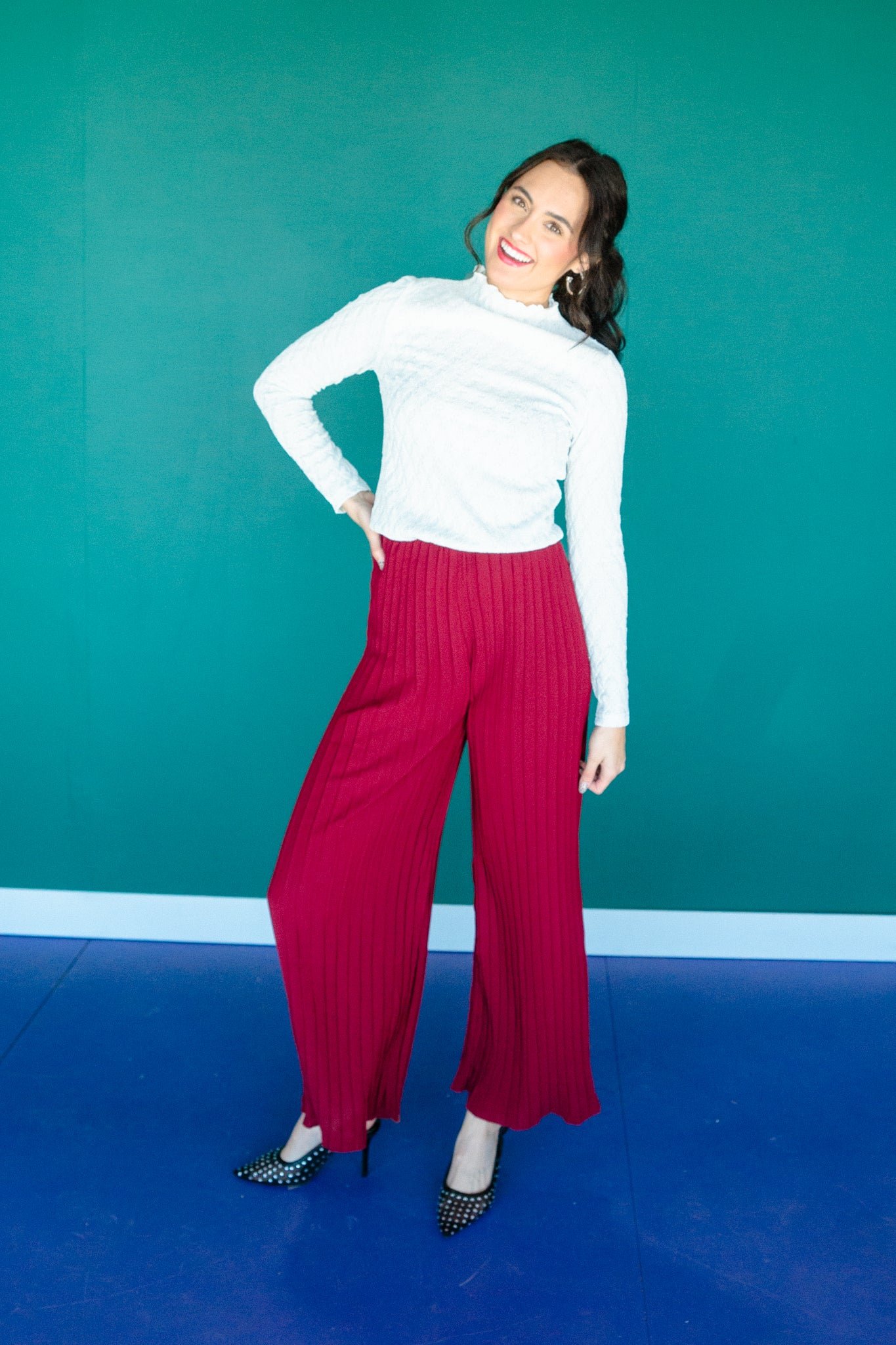 Zuri Pleated Top and Pants Set - Burgundy — view 12