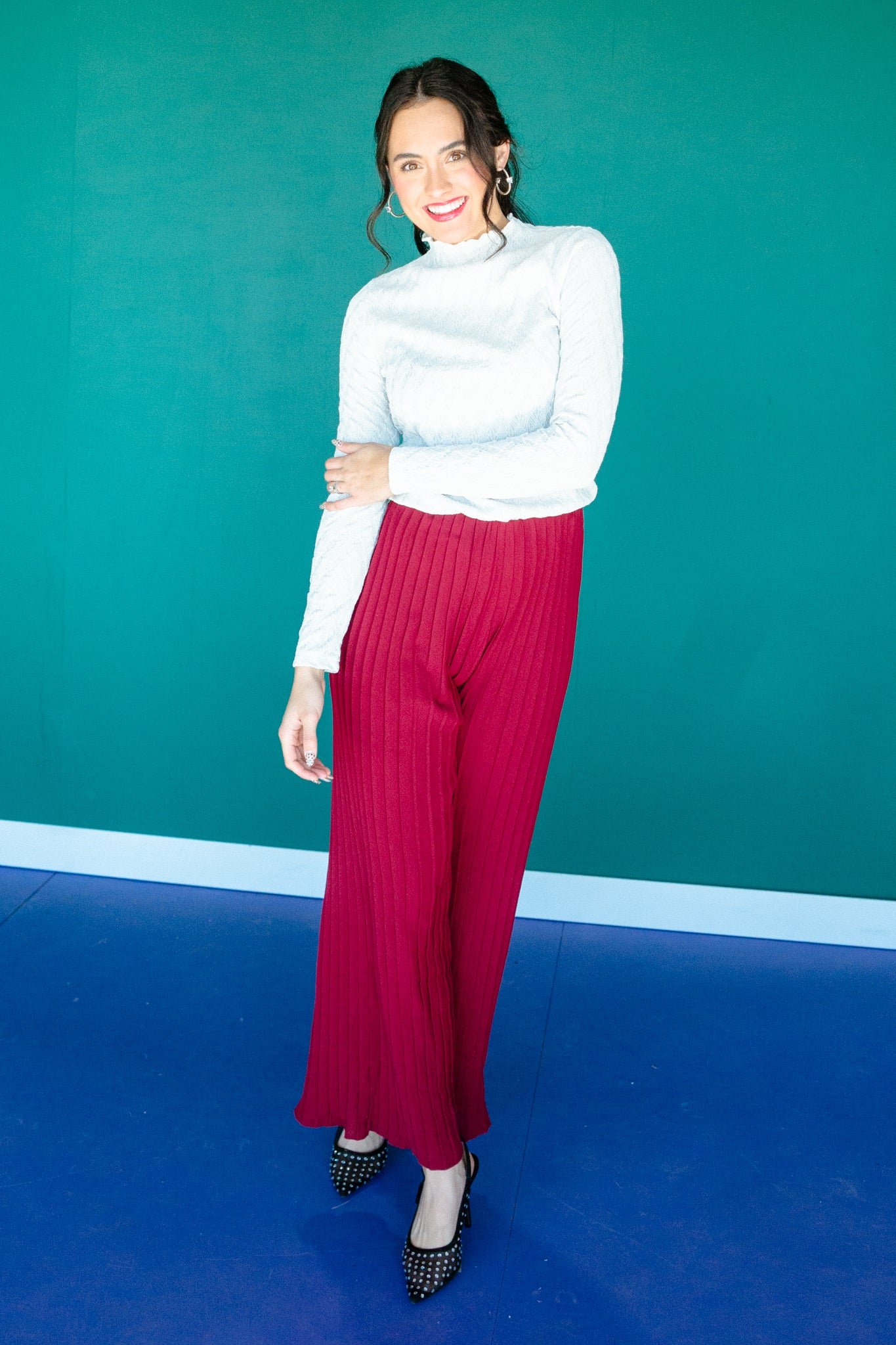 Zuri Pleated Top and Pants Set - Burgundy — view 13