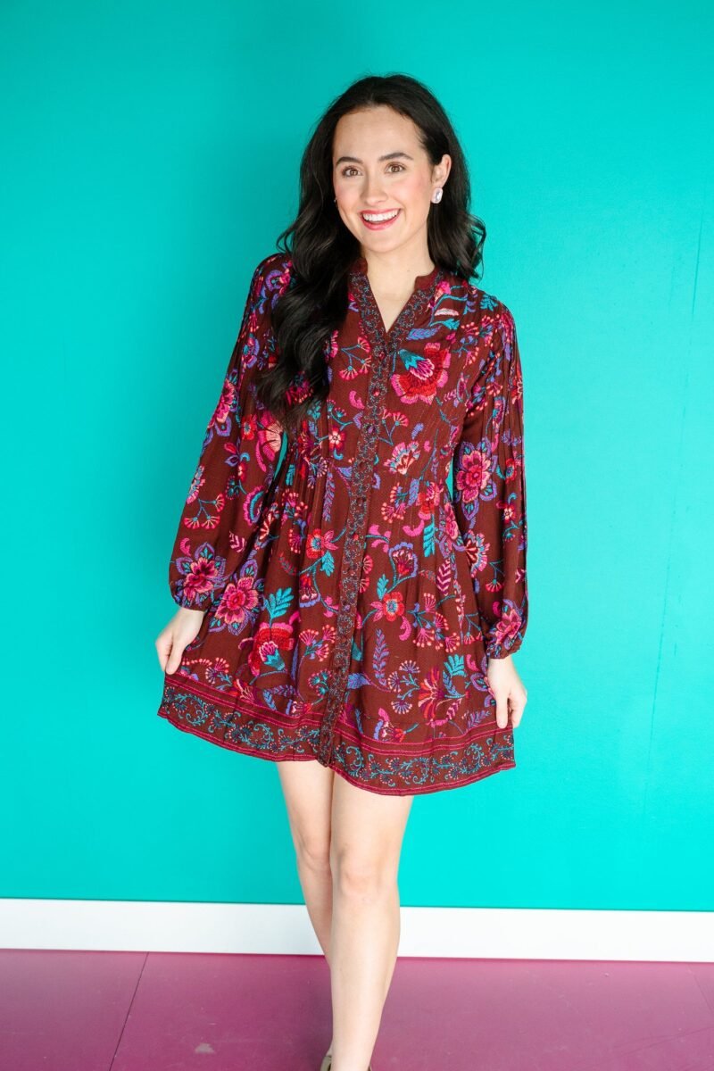 Paisley Button Down Mini Dress - Burgundy