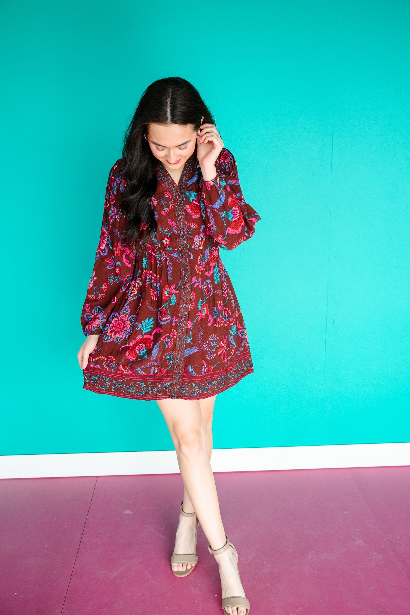 Paisley Button Down Mini Dress - Burgundy — view 2