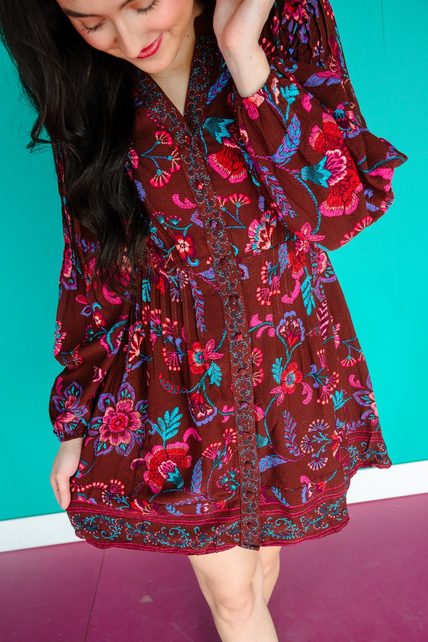 Paisley Button Down Mini Dress - Burgundy — view 3
