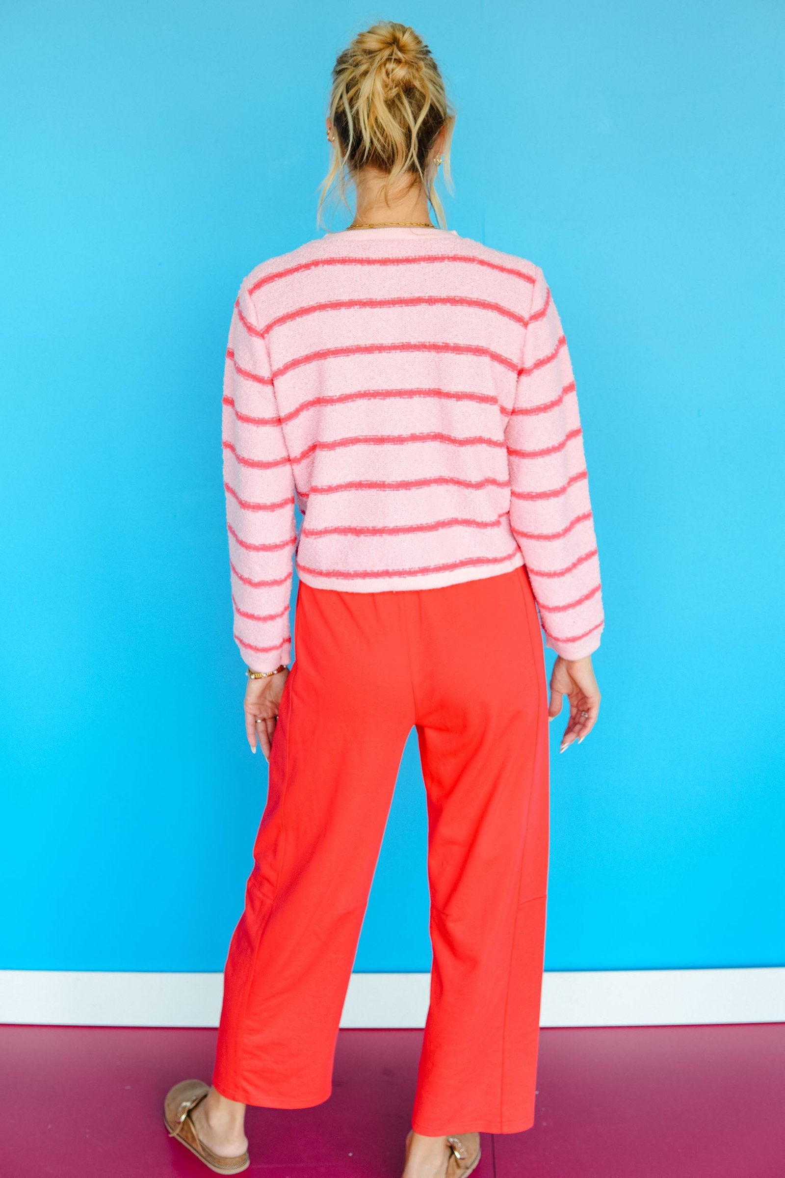 Comfort Zone Striped Cardigan - Geranium Pink + Flamingo — view 4