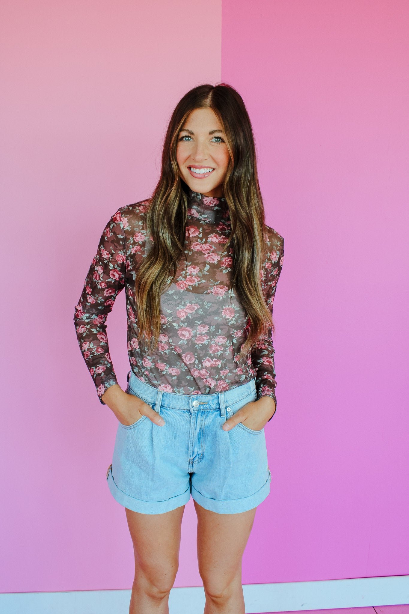 Stevie Mesh Mock Neck Top - Rose Brown + Sage + Rose — view 5