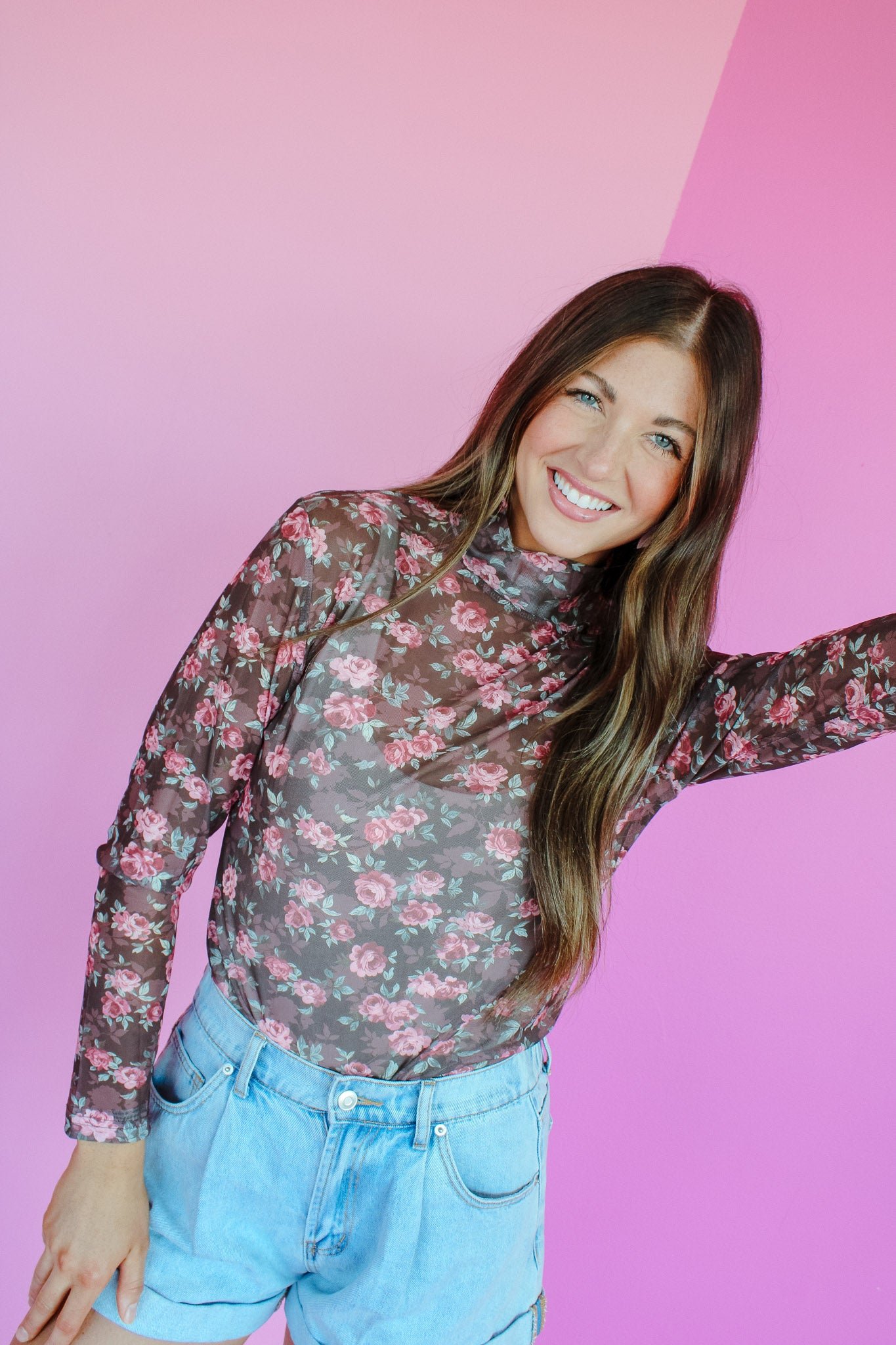 Stevie Mesh Mock Neck Top - Rose Brown + Sage + Rose — view 3