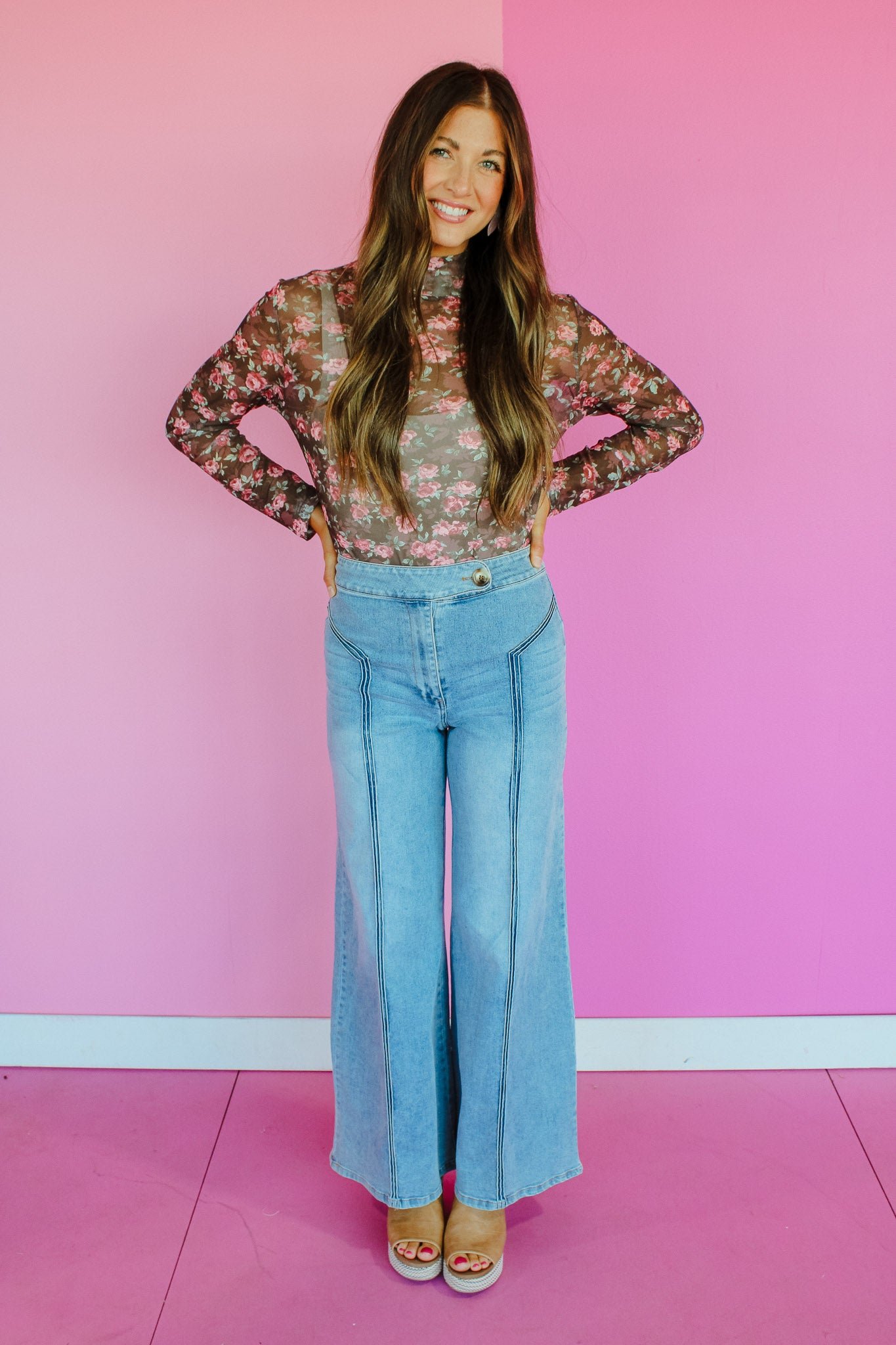 Stevie Mesh Mock Neck Top - Rose Brown + Sage + Rose — view 4