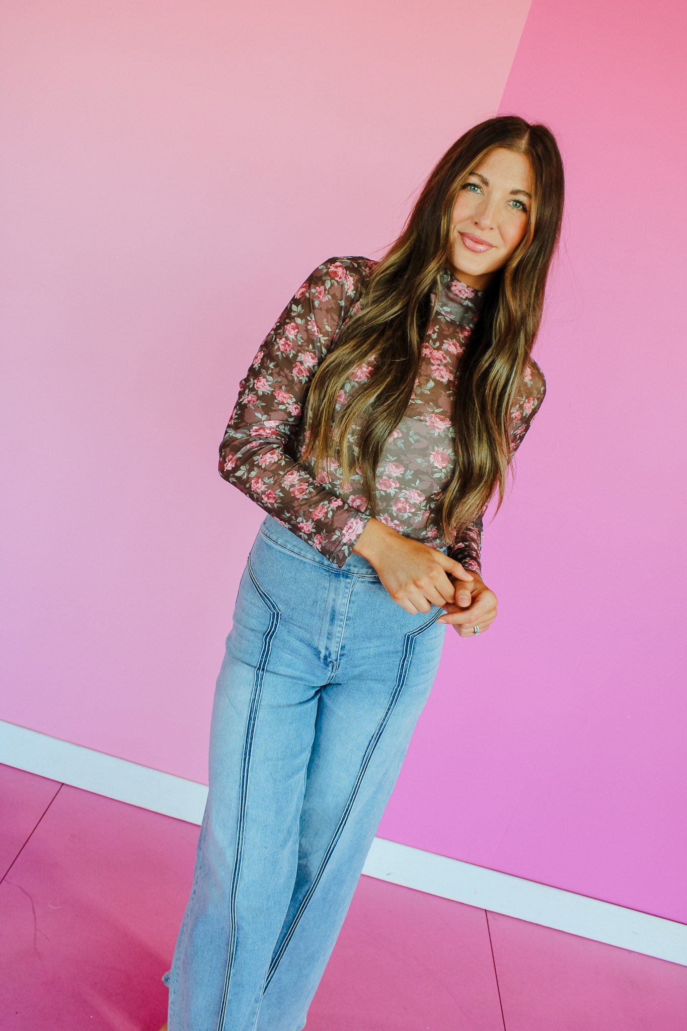 Stevie Mesh Mock Neck Top - Rose Brown + Sage + Rose — view 2